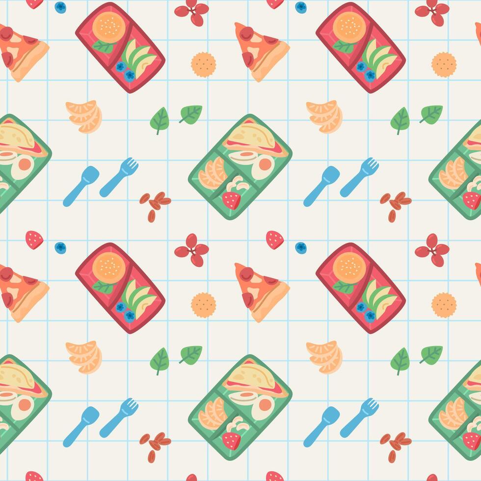 Seamless Pattern of Lunchboxes and Snacks. vector