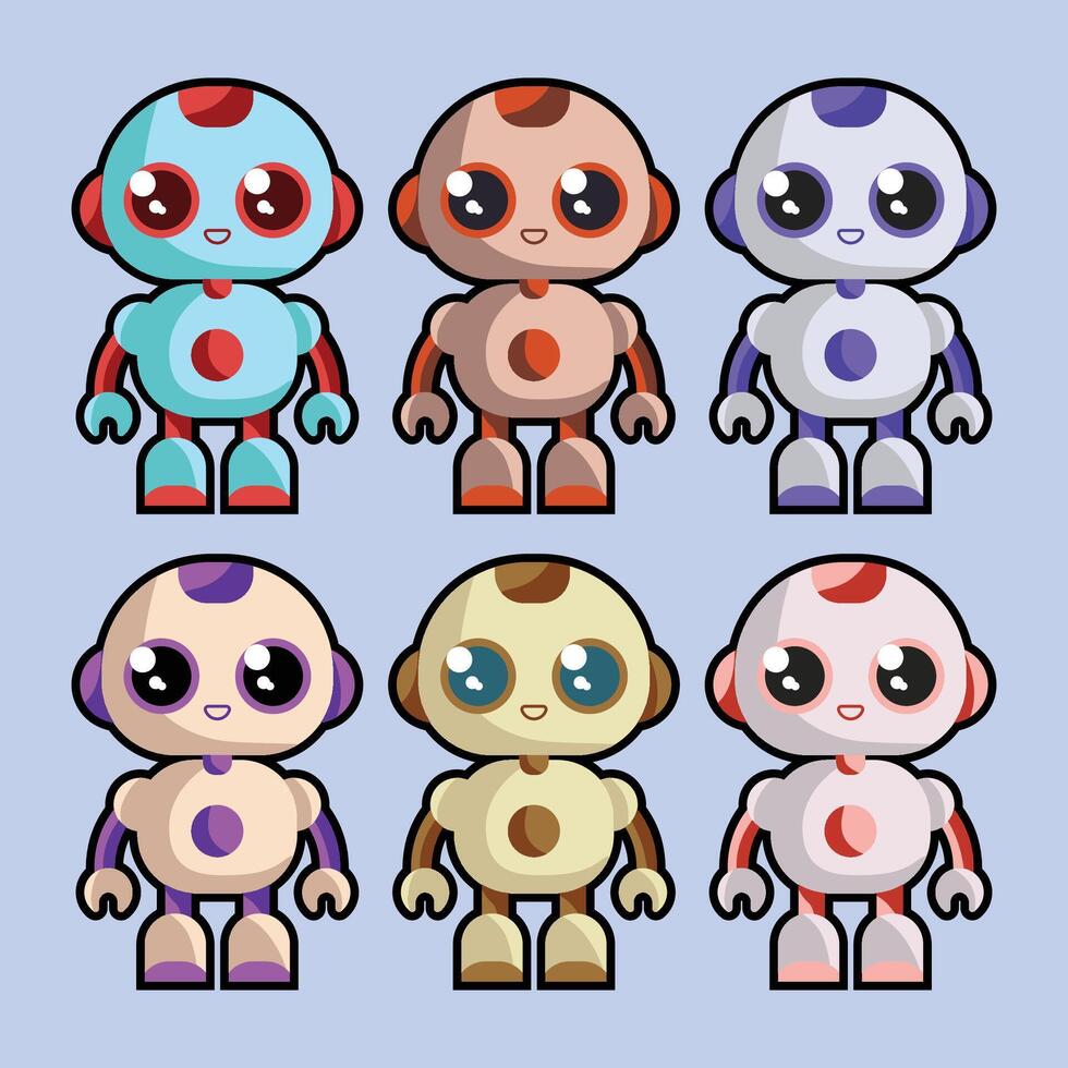 Set of cute white robots. Cyber characters with lightning bolts, cross sign, tick, box in hands and adjustment cogs. Artificial intelligence. Cartoon flat collection isolated on blue background vector