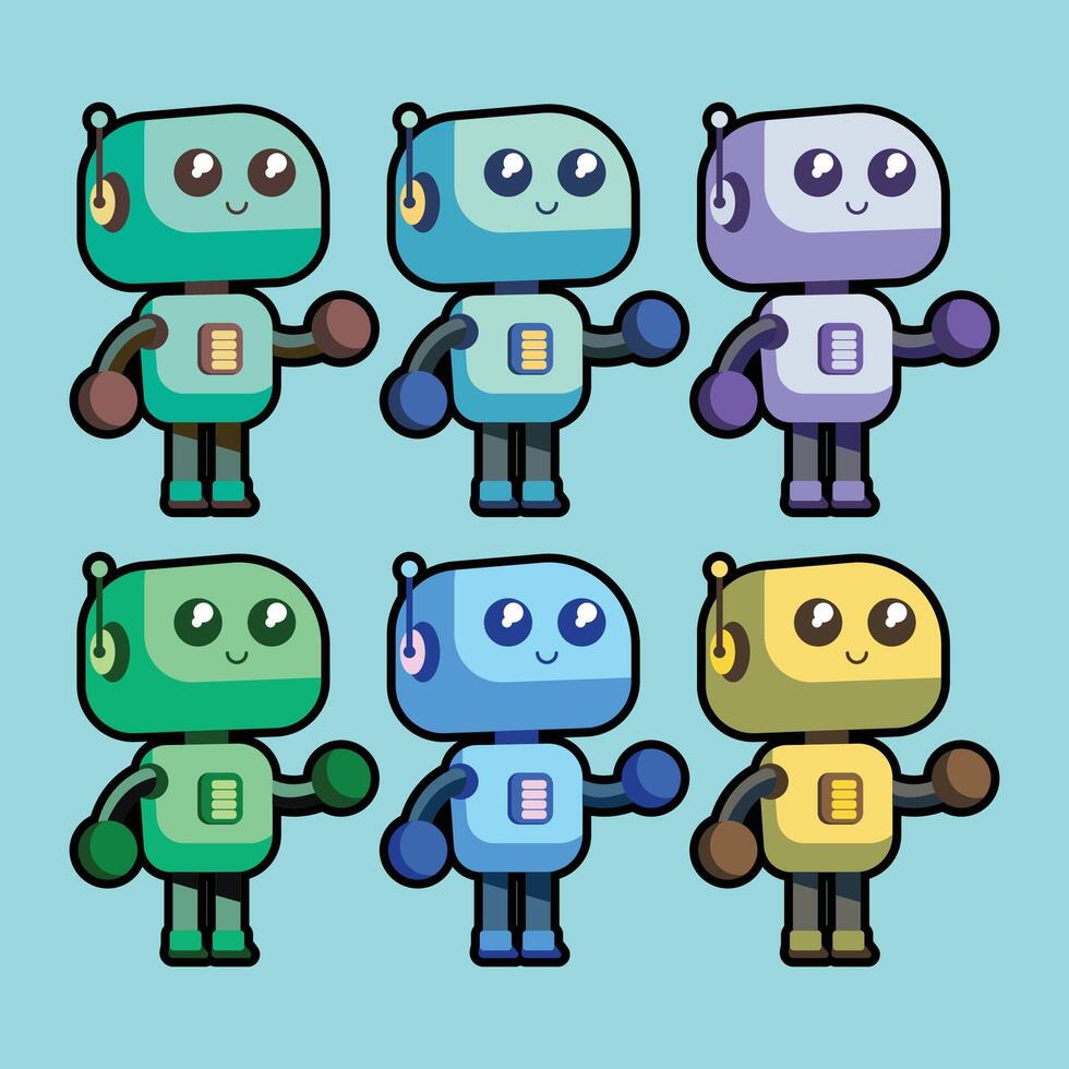 Set of cute white robots. Cyber characters with lightning bolts, cross sign, tick, box in hands and adjustment cogs. Artificial intelligence. Cartoon flat collection isolated on blue background vector