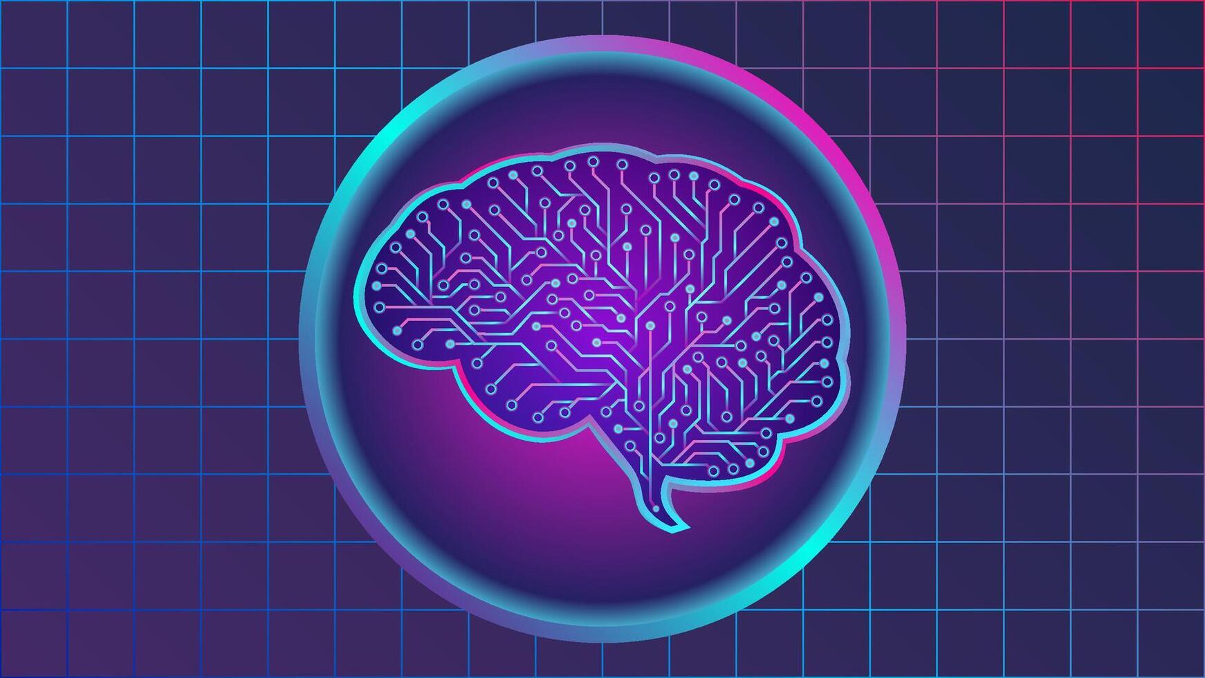 illustration of Artificial Intelligence in neon color, featuring a circle and brain with electrical circuit as graphic elements. This is suitable for topics related vector