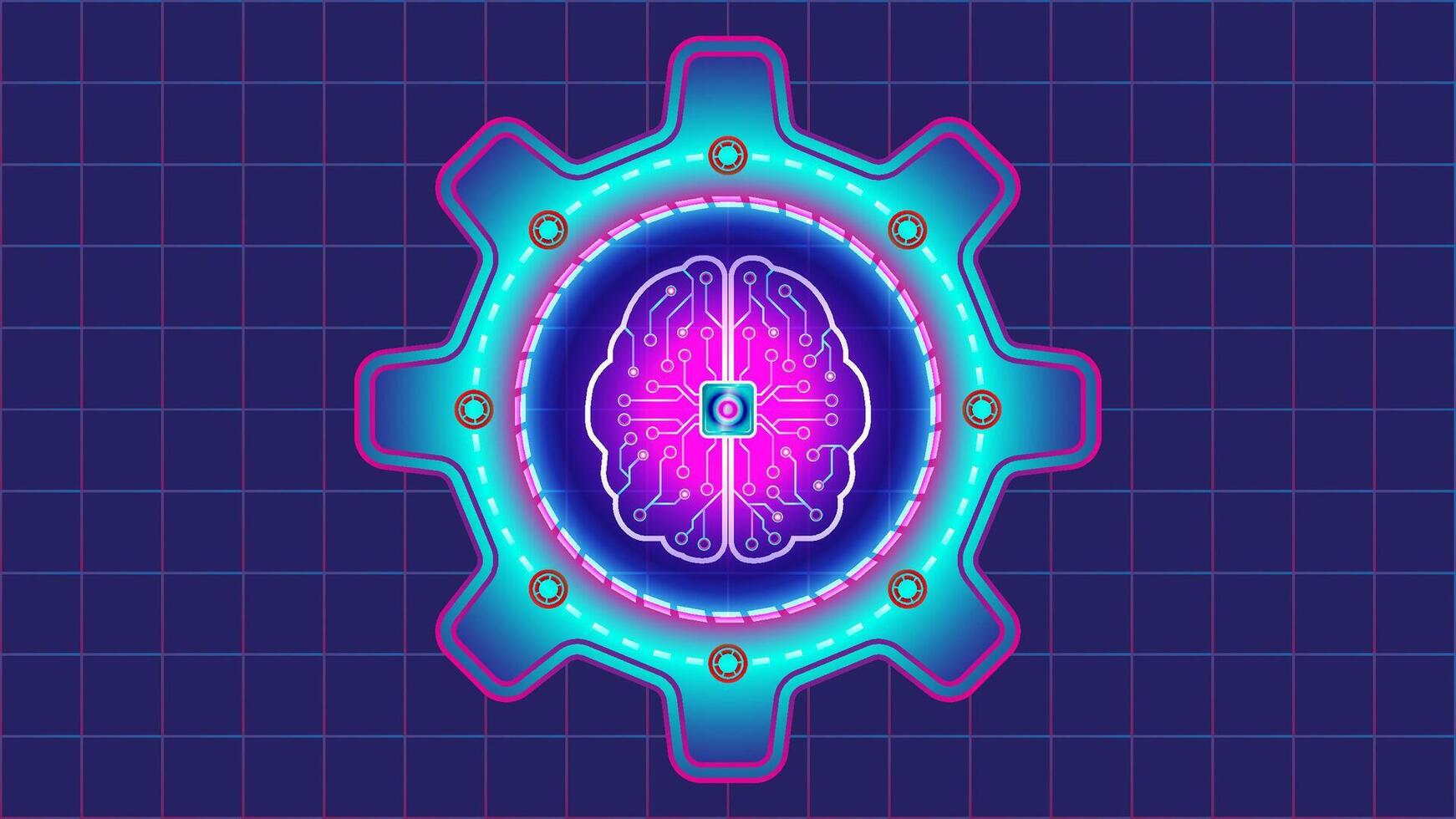 illustration of Artificial Intelligence in neon color, featuring a gears, brain with CPU and electrical circuit as graphic elements. This is suitable for topics related vector