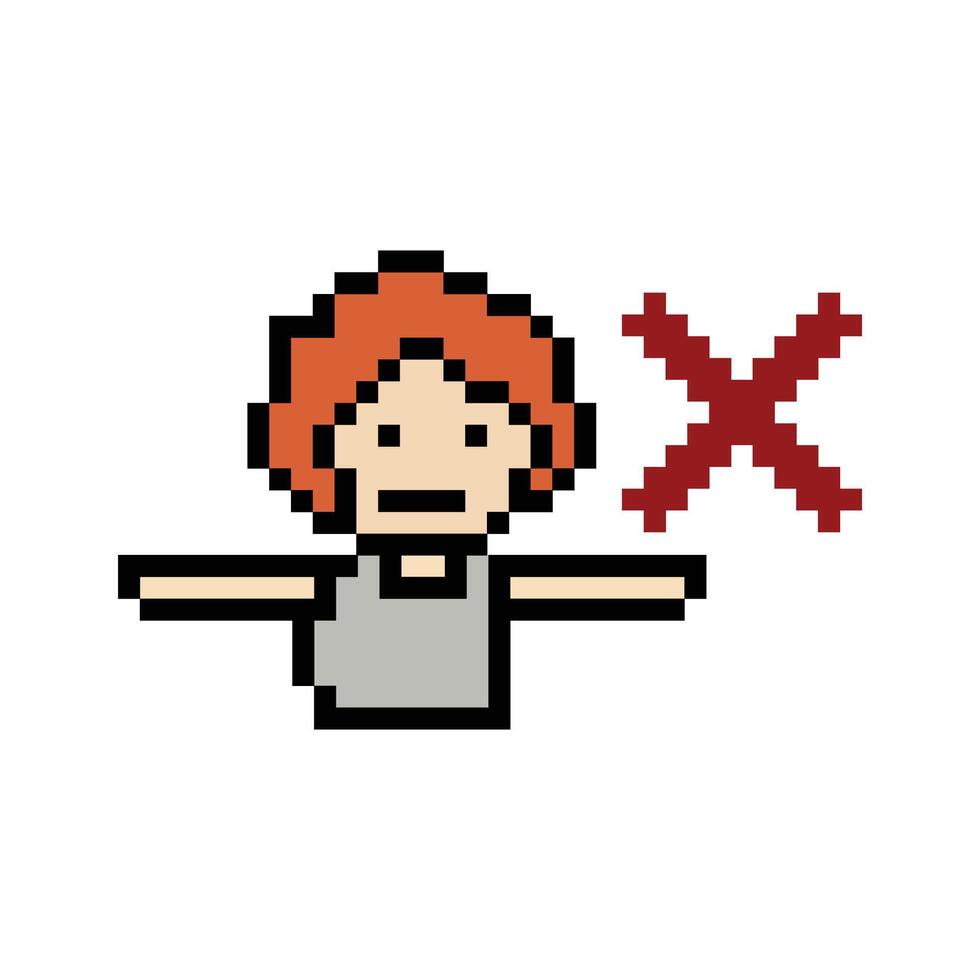 Cute pixel cartoon 8bit character man reject say no or deny stop decoration disapproval 8 bit male boy disagreement with game fitness isolated. vector