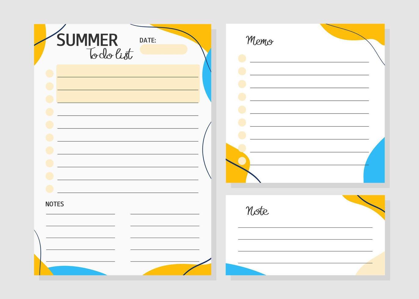 Template of summer to do list, note, memo in yellow and blue colors. Illustration for agenda, planners, checklists, notebooks, cards and other stationery. Layout in A5. vector
