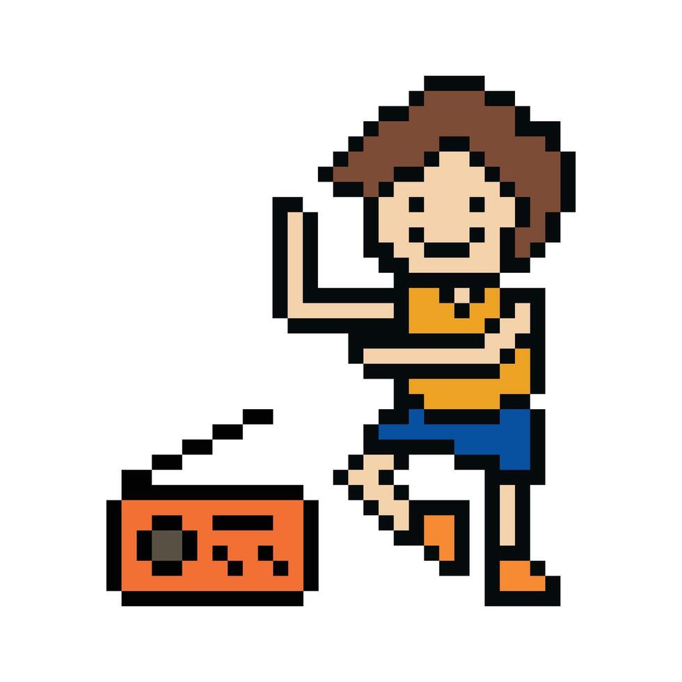 Cute pixel cartoon 8bit character man exercises training dance lifestyle music decoration life style 8 bit male boy dance with music game fitness isolated. vector