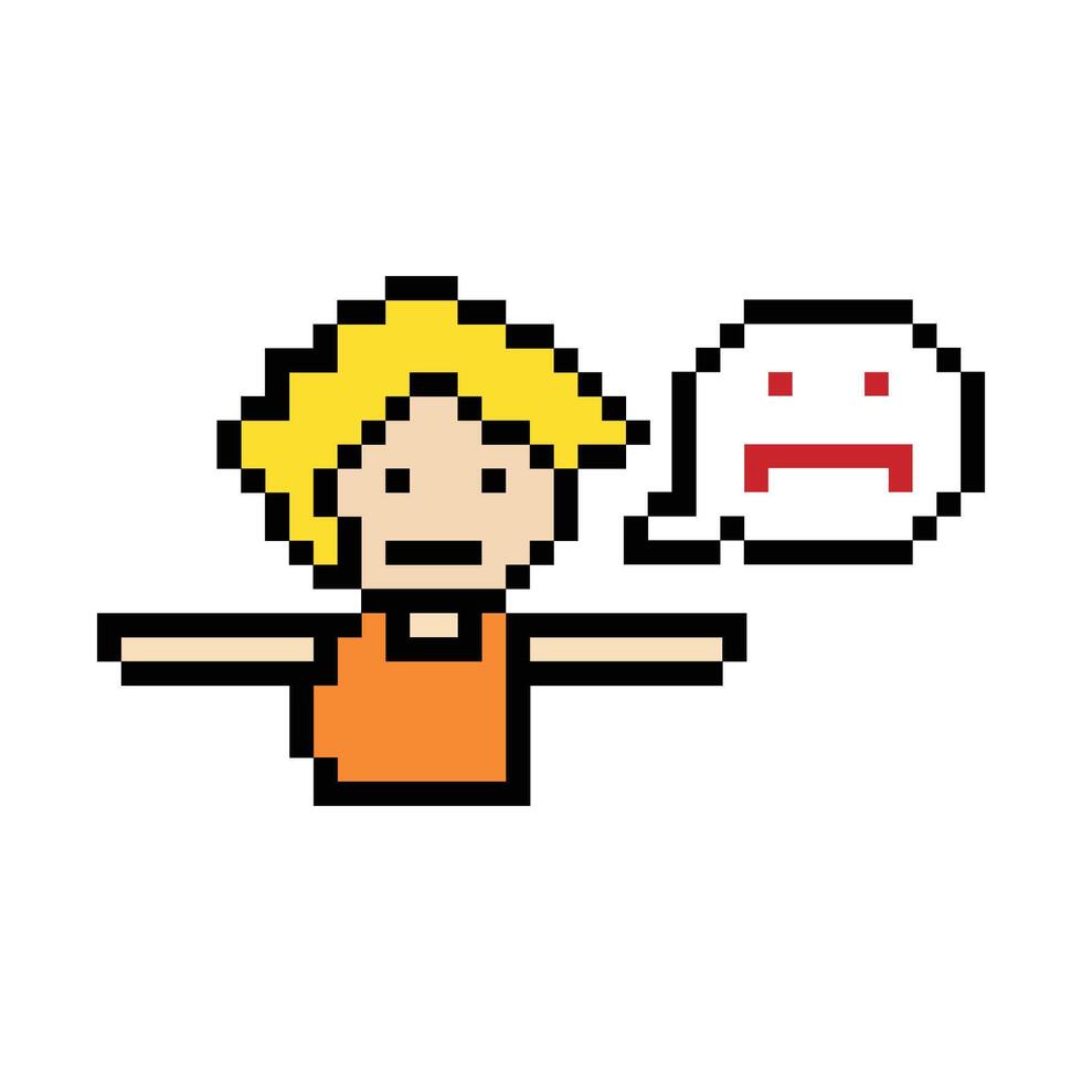 Cute pixel cartoon 8bit character man reject say no or deny stop decoration disapproval 8 bit male boy disagreement with game fitness isolated. vector