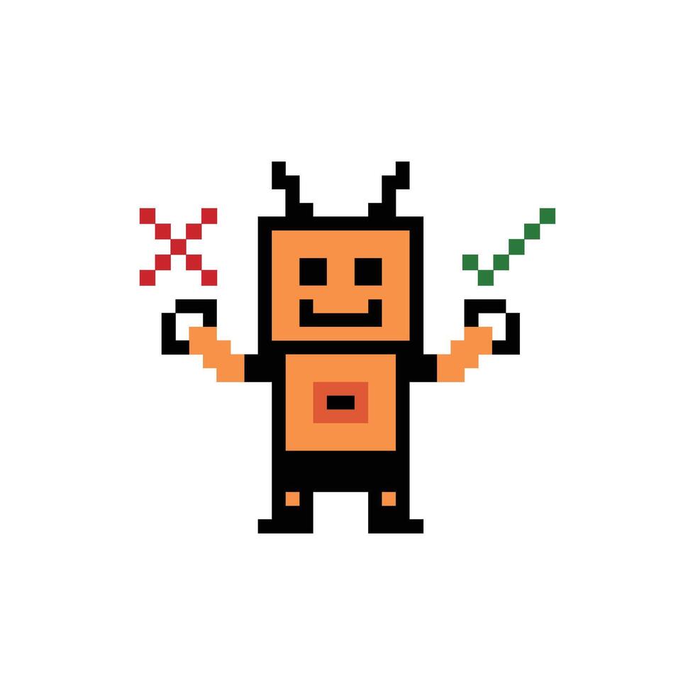 Cute pixel cartoon robot ai 8bit character game robot or AI for education machine learning chat big head 8 bit bot technology AI robot. vector