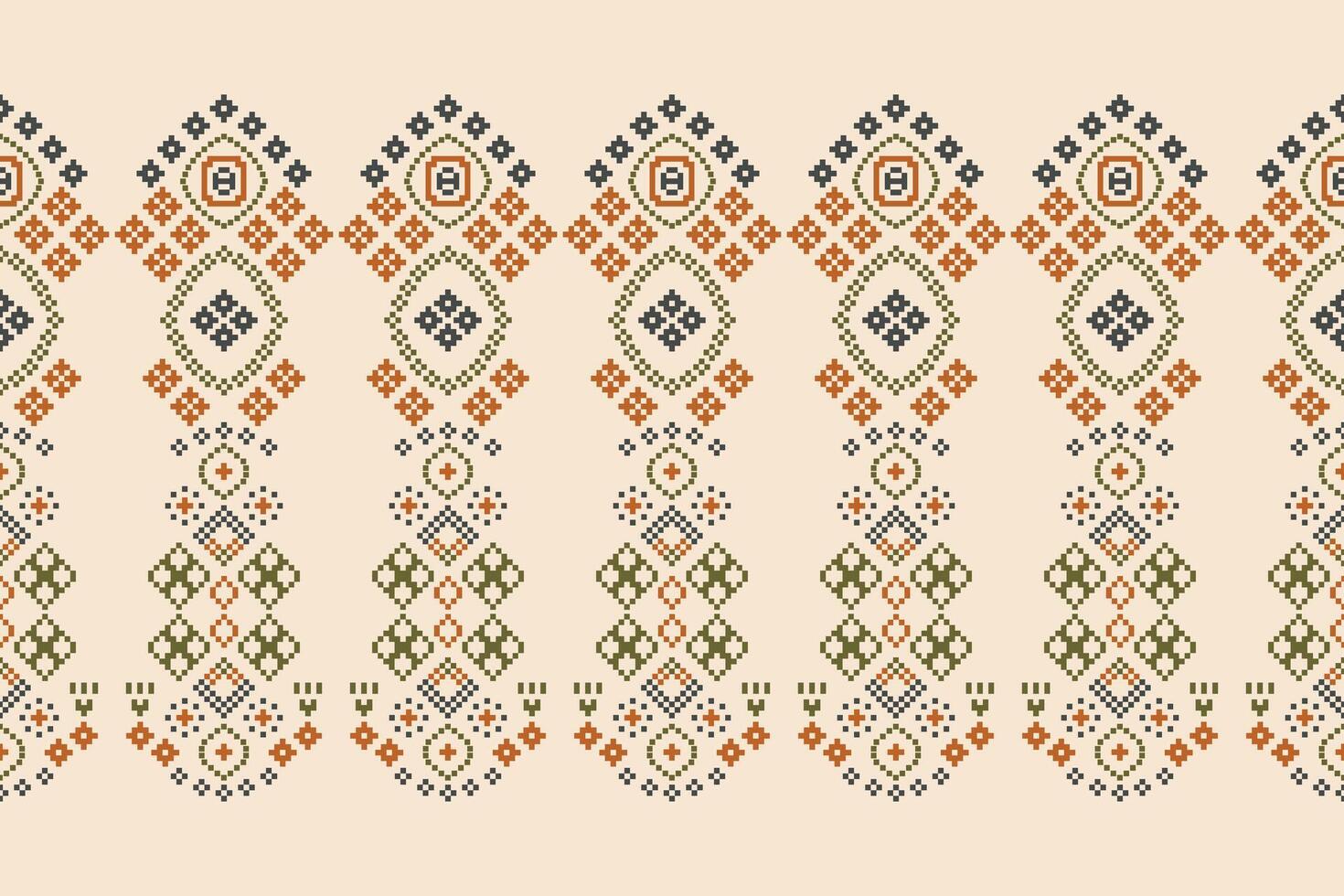 Traditional ethnic motifs ikat geometric fabric pattern cross stitch.Ikat embroidery Ethnic oriental Pixel brown cream background. Abstract,,illustration. Texture,scarf,decoration,wallpaper. vector