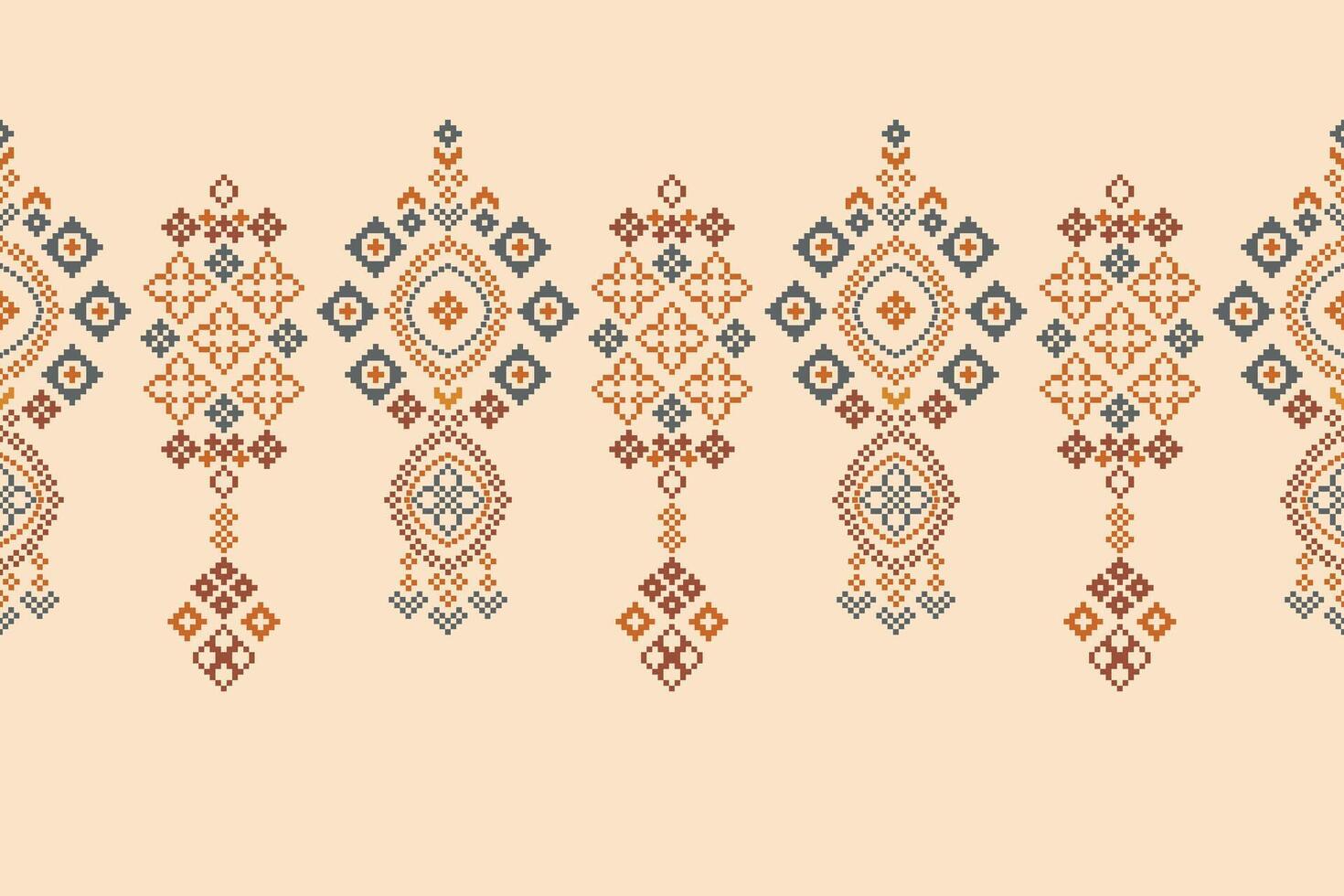 Traditional ethnic motifs ikat geometric fabric pattern cross stitch.Ikat embroidery Ethnic oriental Pixel brown cream background. Abstract,,illustration. Texture,scarf,decoration,wallpaper. vector