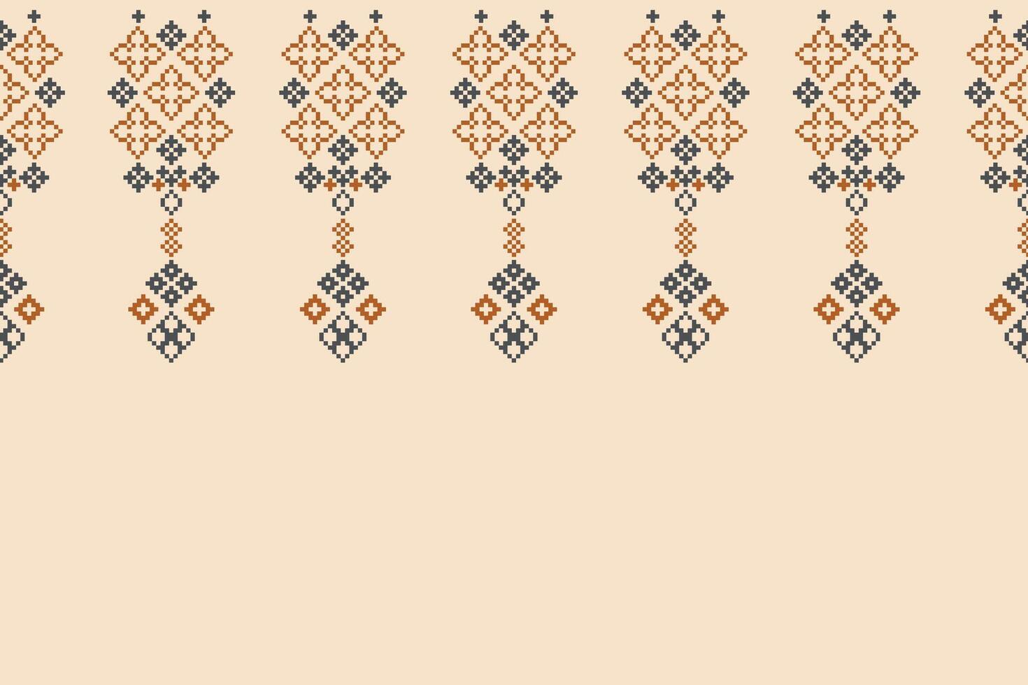 Traditional ethnic motifs ikat geometric fabric pattern cross stitch.Ikat embroidery Ethnic oriental Pixel brown cream background. Abstract,,illustration. Texture,scarf,decoration,wallpaper. vector