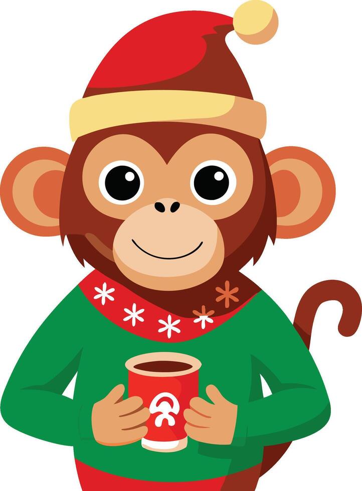 A Monkey Wears Christmas Cloth and Drink Coffee vector