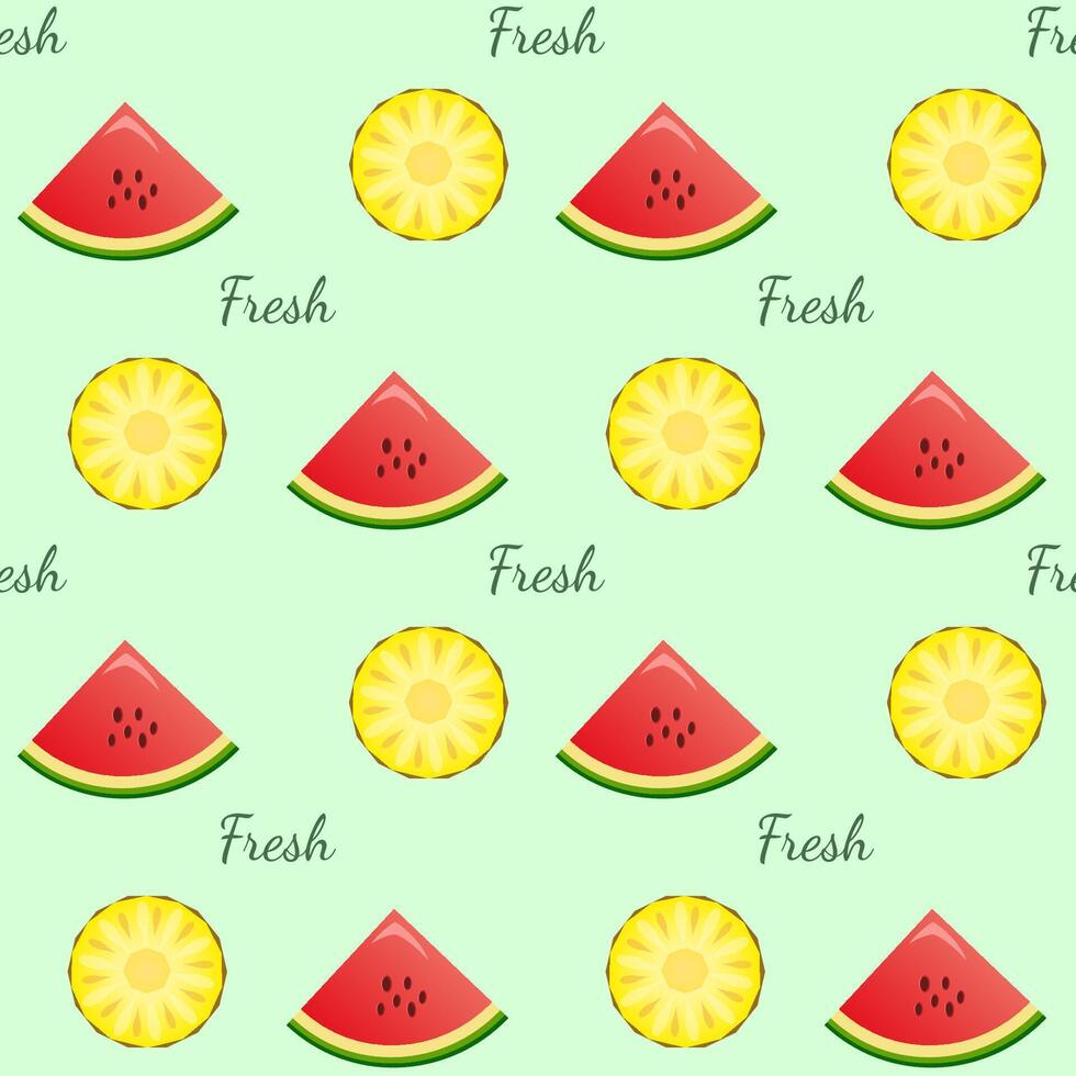 Colorful summer pattern with pineapple and watermelon. Green and red colors. vector