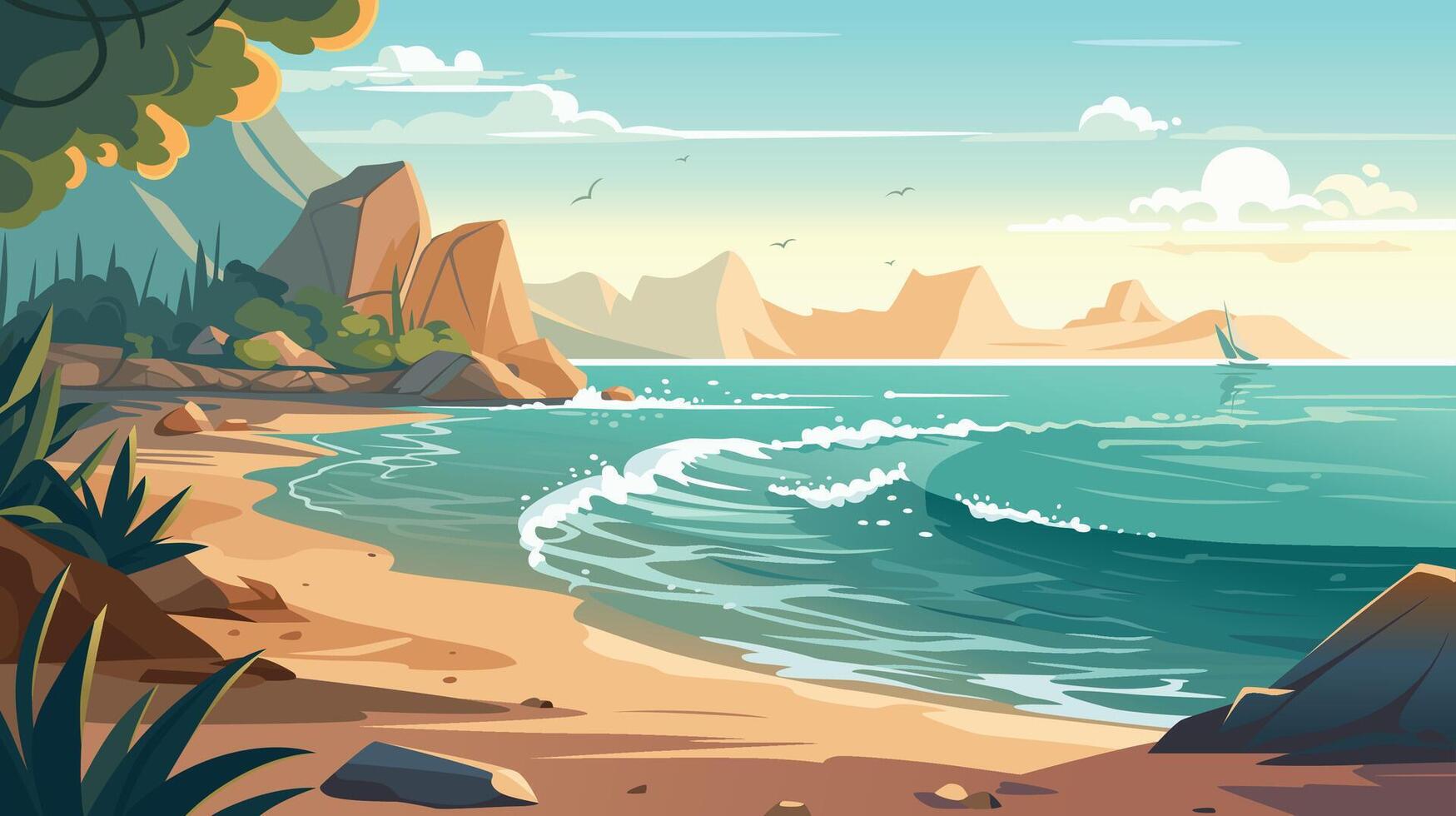 Sea beach, rock islands in water and clouds in blue sky. cartoon summer landscape of ocean shore, mountains, green grass and palm trees on sand beach. Seascape panorama vector