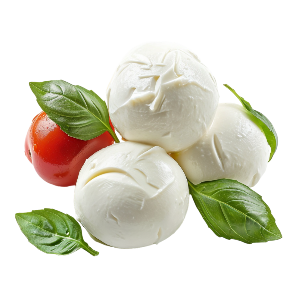 White Cheese with Tomatoes and leaves on Wooden Plate on Transparent Background png