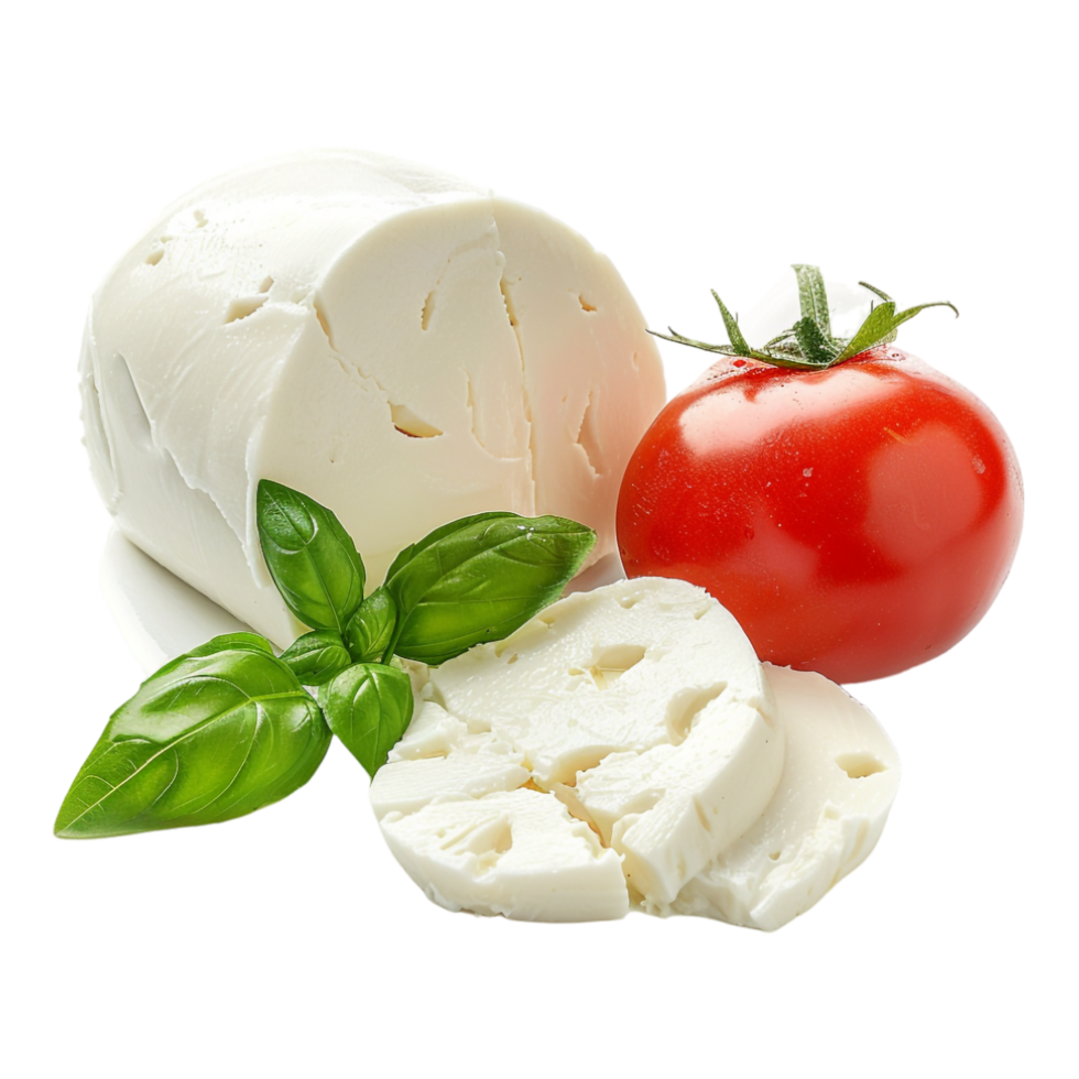 White Cheese with Tomatoes and leaves on Wooden Plate on Transparent Background png