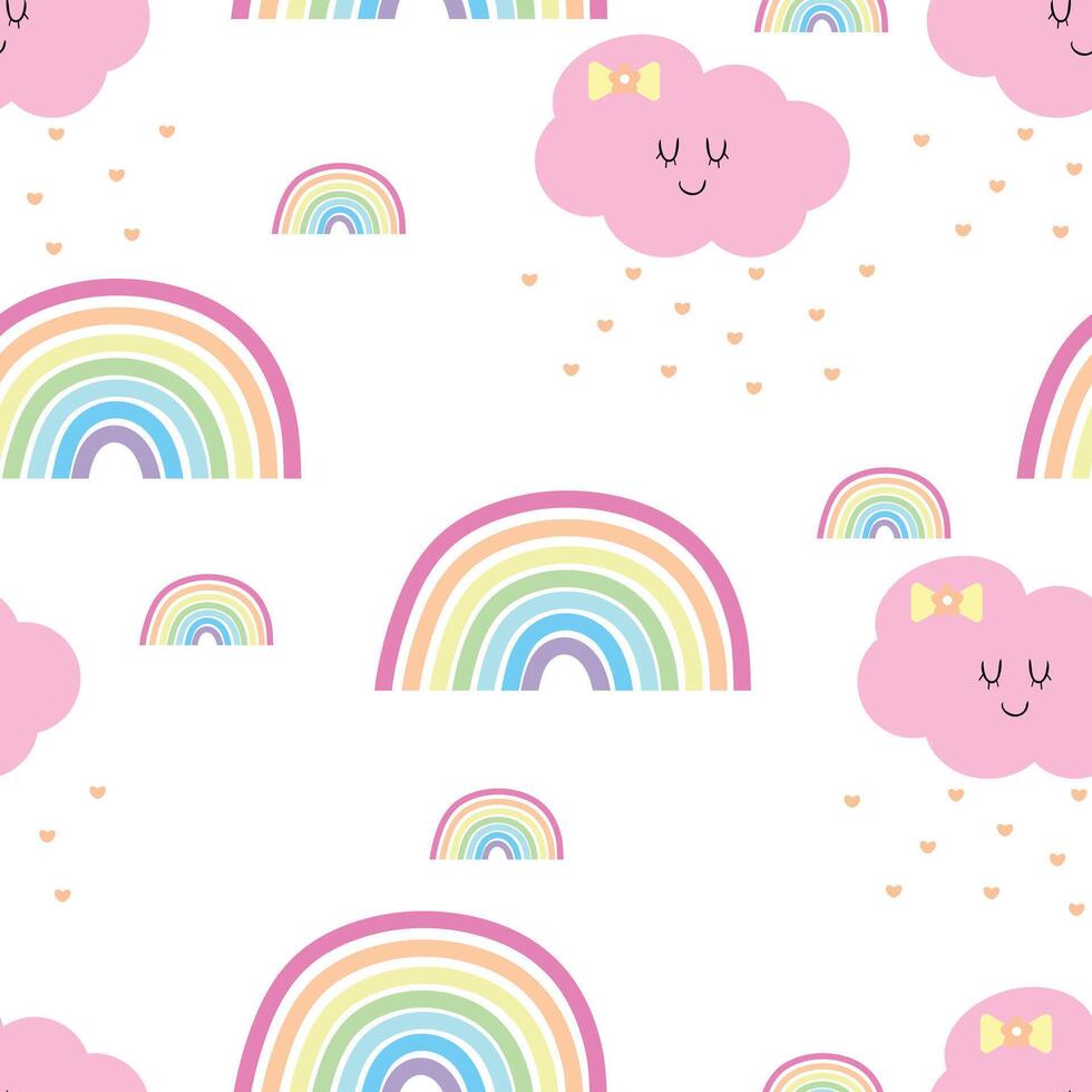 Seamless pattern with cute cartoon clouds and rainbows, for fabric prints, textiles, gift wrapping paper. children's colorful , flat style vector
