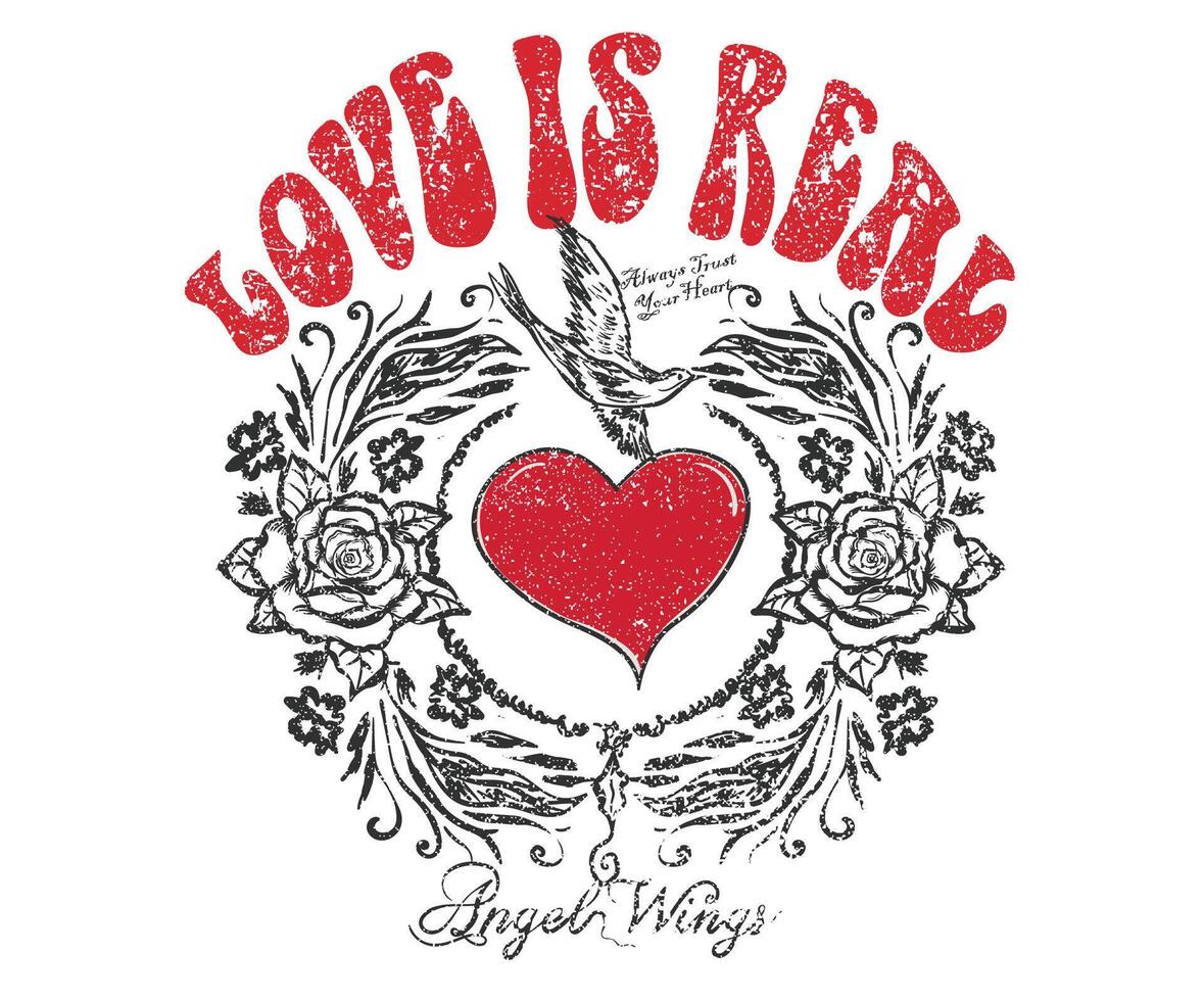 Heart with bird. Love is real. Heart with eagle wing artwork for apparel, stickers, posters, background and others. Flower print design. vector