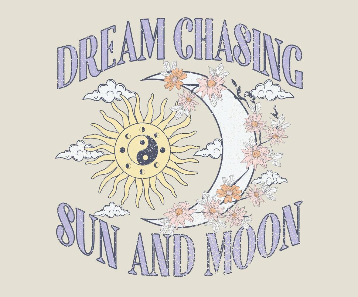 Flower artwork for t shirt print, poster, sticker, background and other uses. Sun moon graphic print artwork. Stay wild. Dream chasing. sun moon. vector