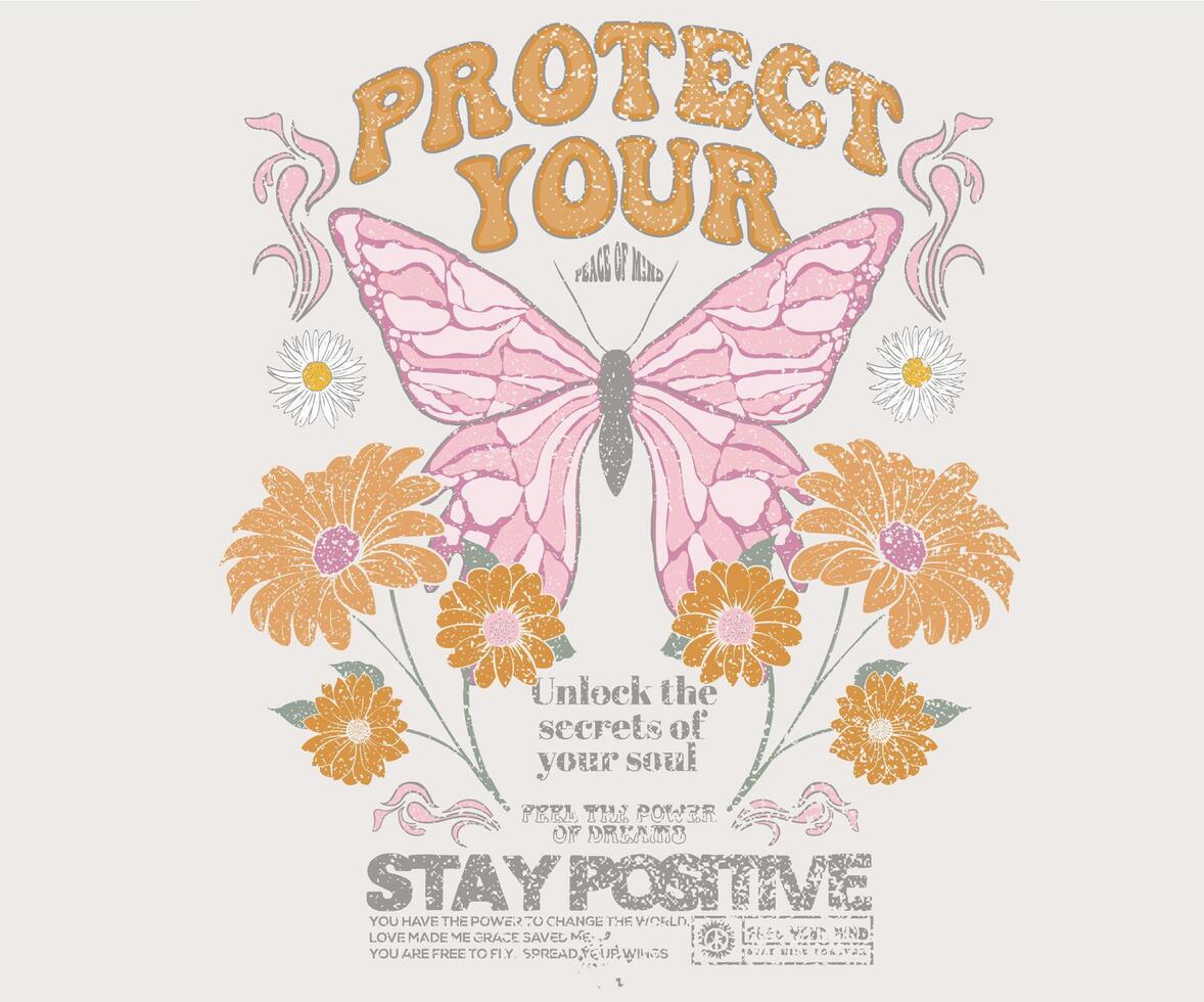 Stay positive. Protect your peace of mind. Butterfly with flower artwork for t shirt print, poster, sticker, background and other uses. Spring flower. Rainbow butterfly artwork. vector