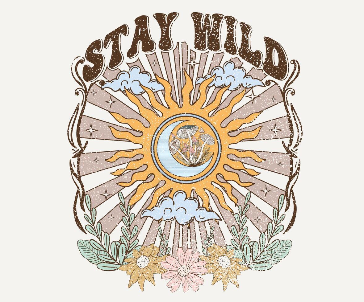 Mushroom with sun moon graphic print artwork. Stay wild. Dream chasing . sun moon. Flower artwork for t shirt print, poster, sticker, background and other uses. vector