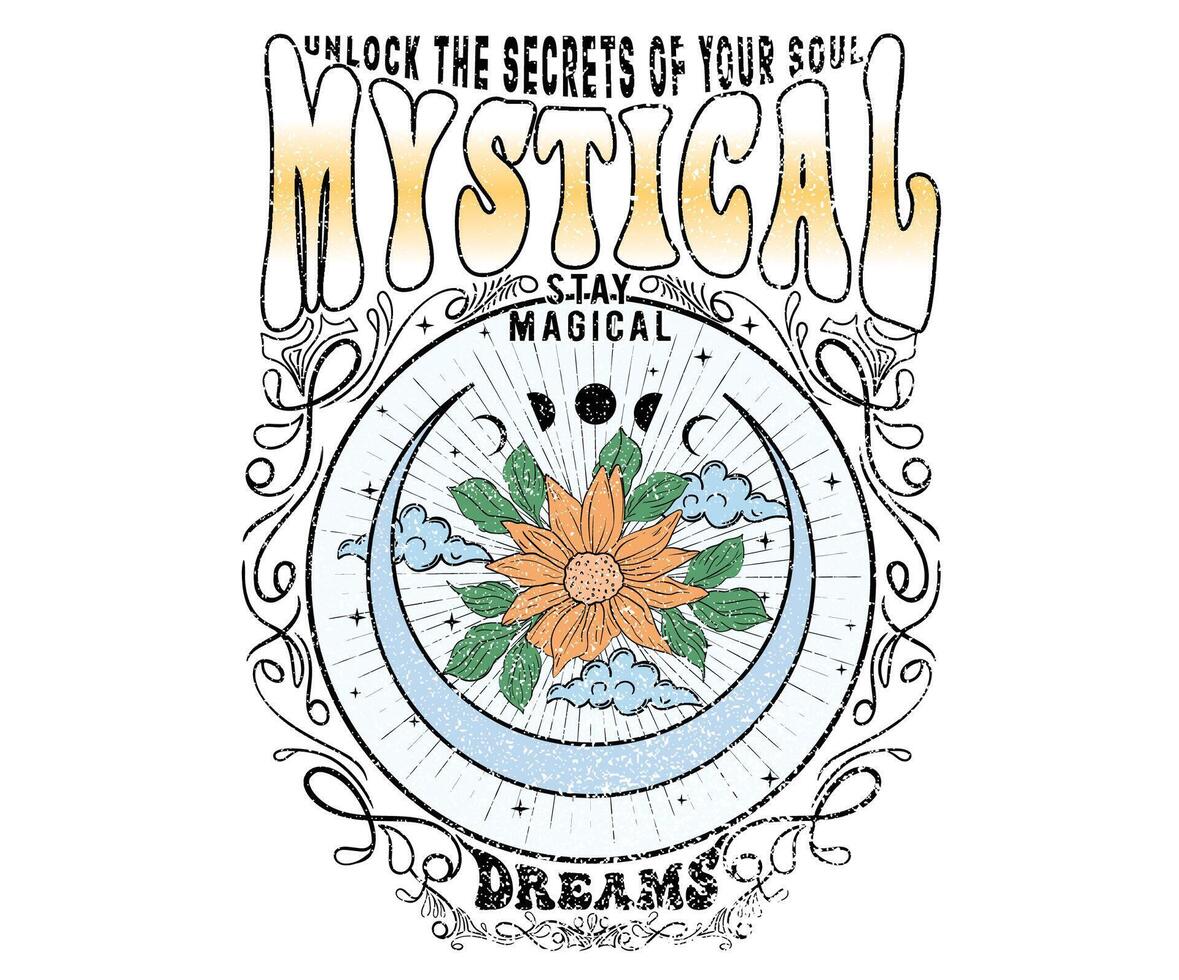 Sun moon and star. Mystical dreams artwork for t shirt print, poster, sticker, background and other uses. Sunshine with star artwork. Spring flower. Unlock the secret of your soul. vector