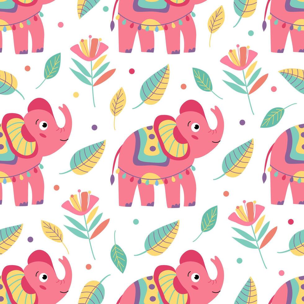 Seamless pattern with funny colorful baby elephants and flowers on white. Great for fabrics, wrapping papers, wallpapers, covers. Illustration in hand drawn flat style vector