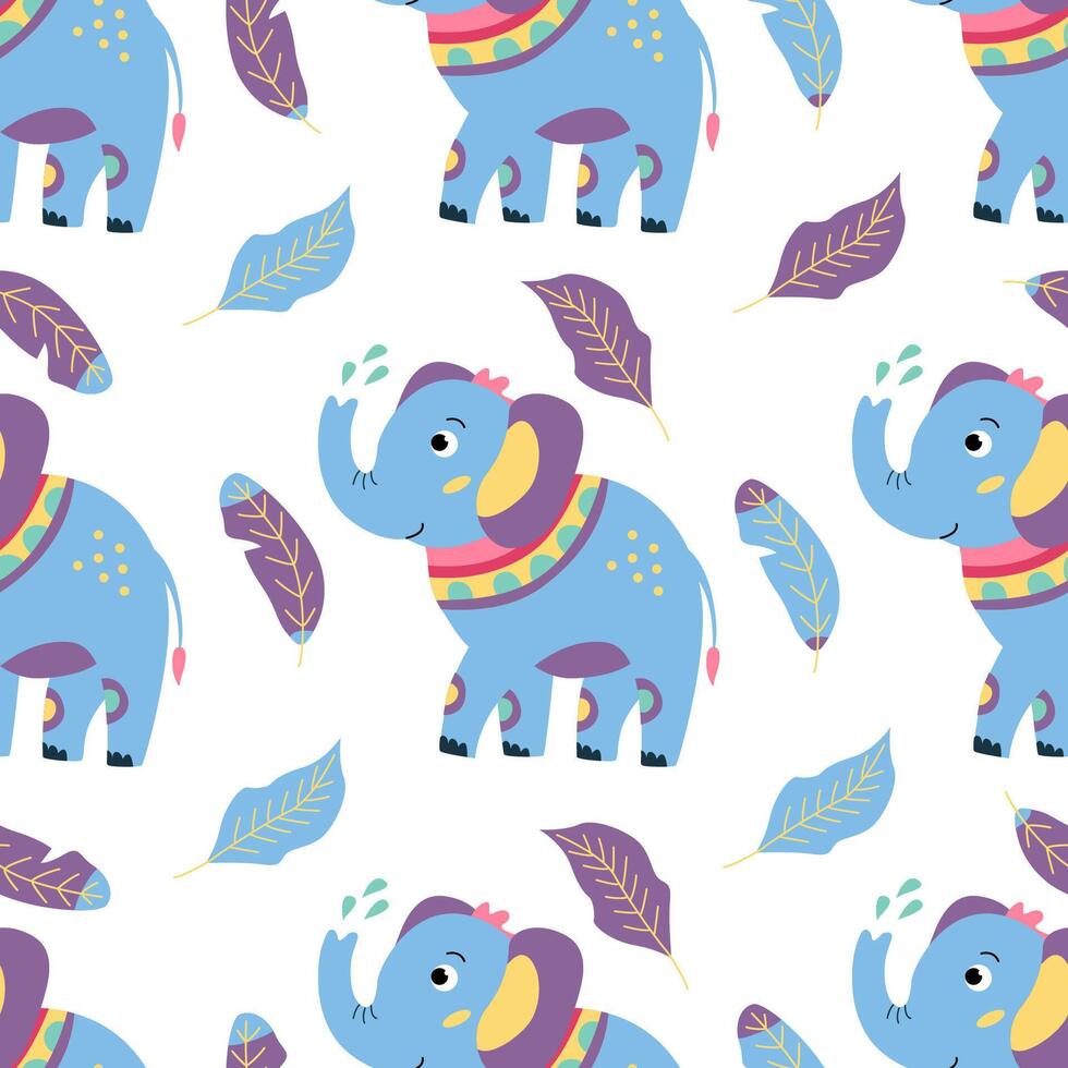 Seamless pattern with funny colorful baby elephants on white background. Great for fabrics, wrapping papers, wallpapers, covers. Illustration in hand drawn flat style vector