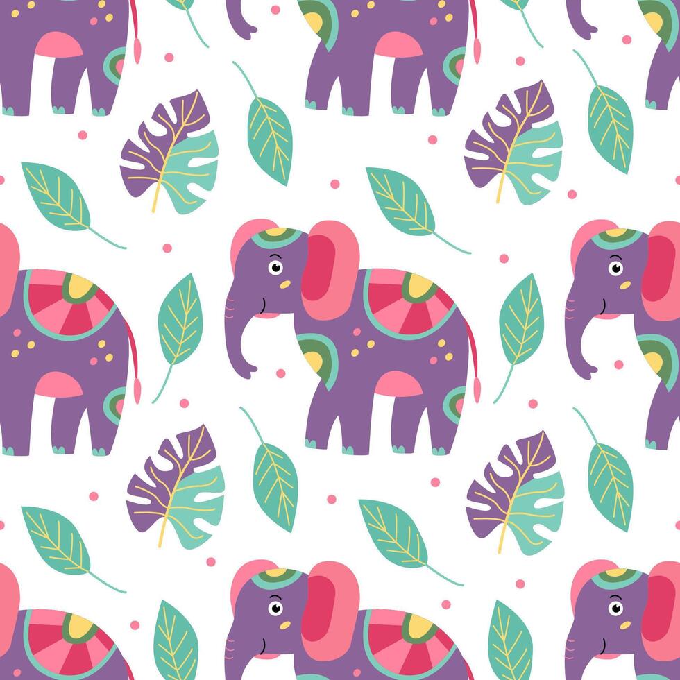 Seamless pattern with funny colorful elephants and tropical leaves on white. Great for fabrics, wrapping papers, wallpapers, covers. Illustration in hand drawn flat style vector