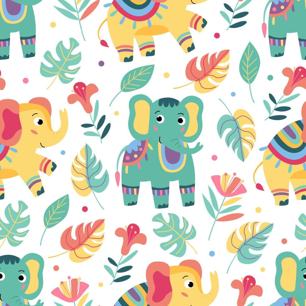 Seamless pattern with funny colorful baby elephants and flowers on white. Great for fabrics, wrapping papers, wallpapers, covers. Illustration in hand drawn flat style vector