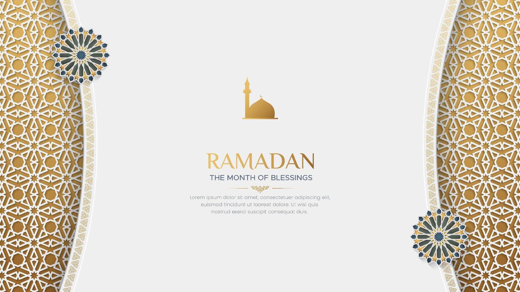 Ramadan Mubarak Ornamental Islamic greeting card with arabesque borders and pattern vector