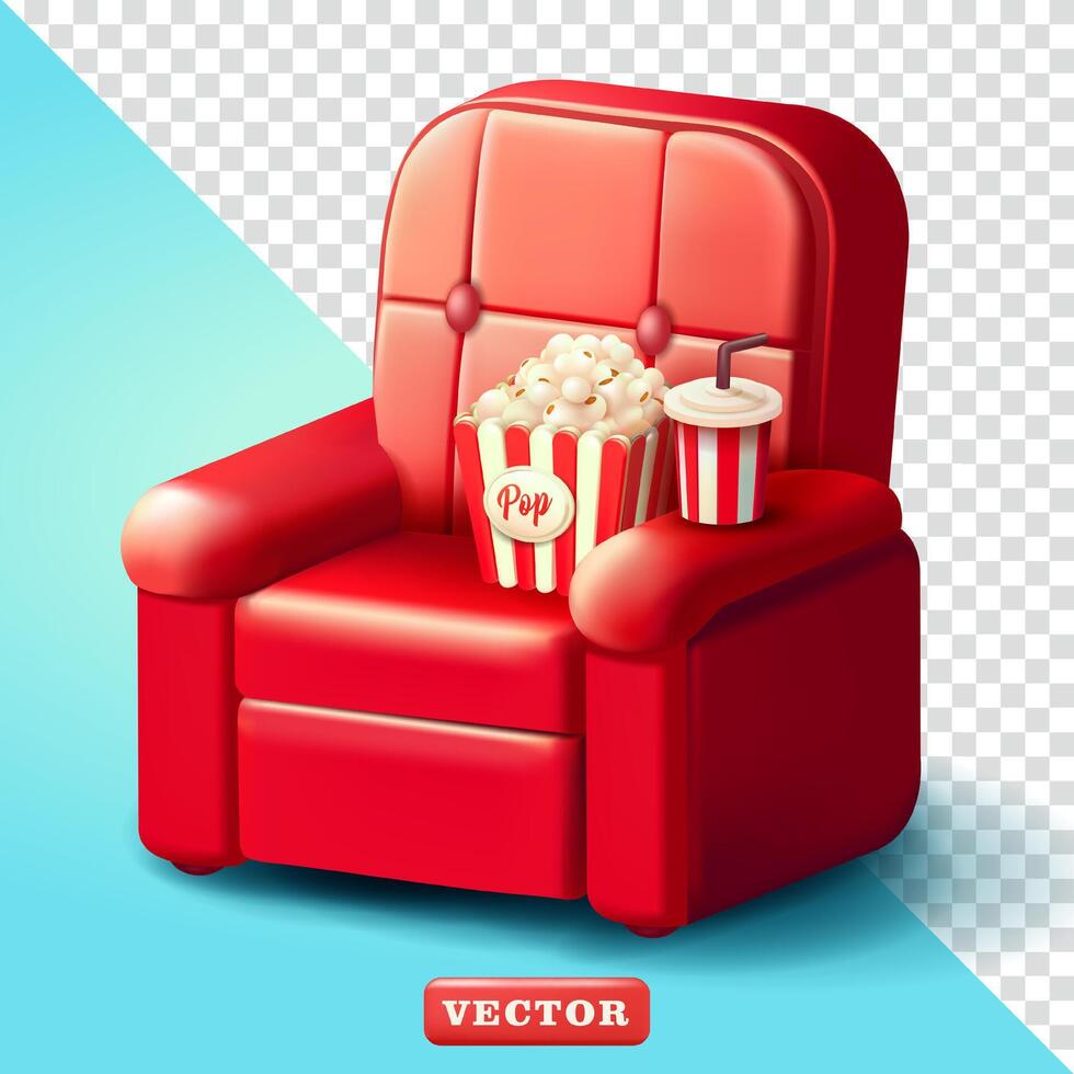 Cinema chairs with popcorn and drink cups on them, 3d. Suitable for cinema and design elements vector