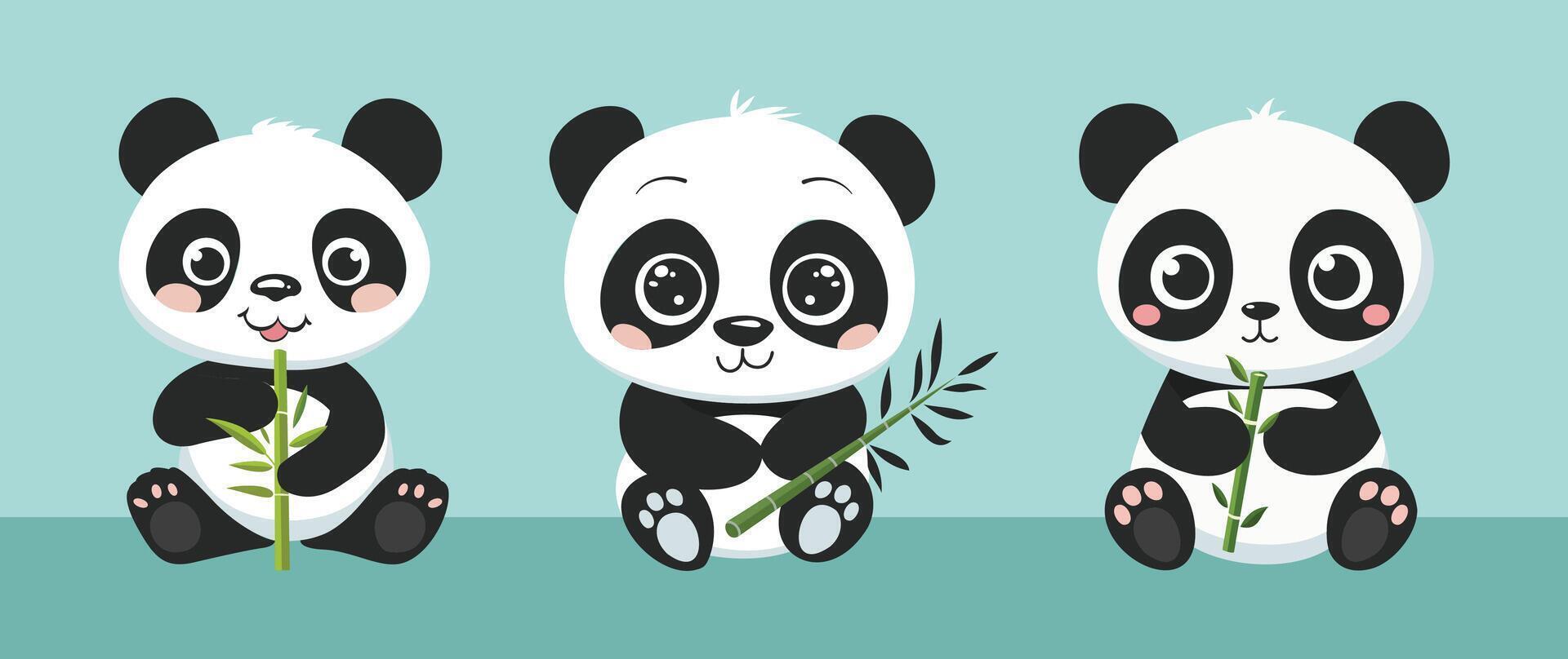 Set of illustration of panda bear holding a bamboo shoot with a simple smile on a light blue background vector