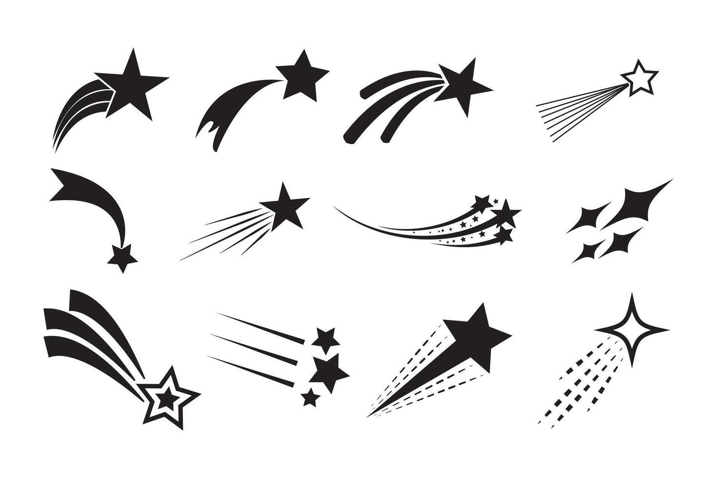 Shooting stars icon set. Flying and falling stars comet with tail. Abstract fantasy galaxy element. Shooting stars silhouette isolated from background. vector