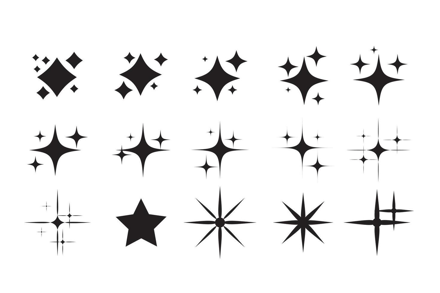 Twinkle stars set collection. Set of black stars. Set of star sparkling and twinkling cartoon. illustration. Isolated on white background. shining star icons, abstract sparkle black silhouette vector