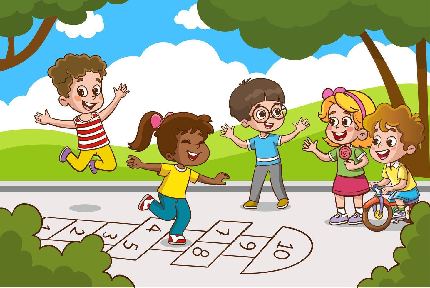 Children of various Ethnic Groups playing hopscotch happily together. vector