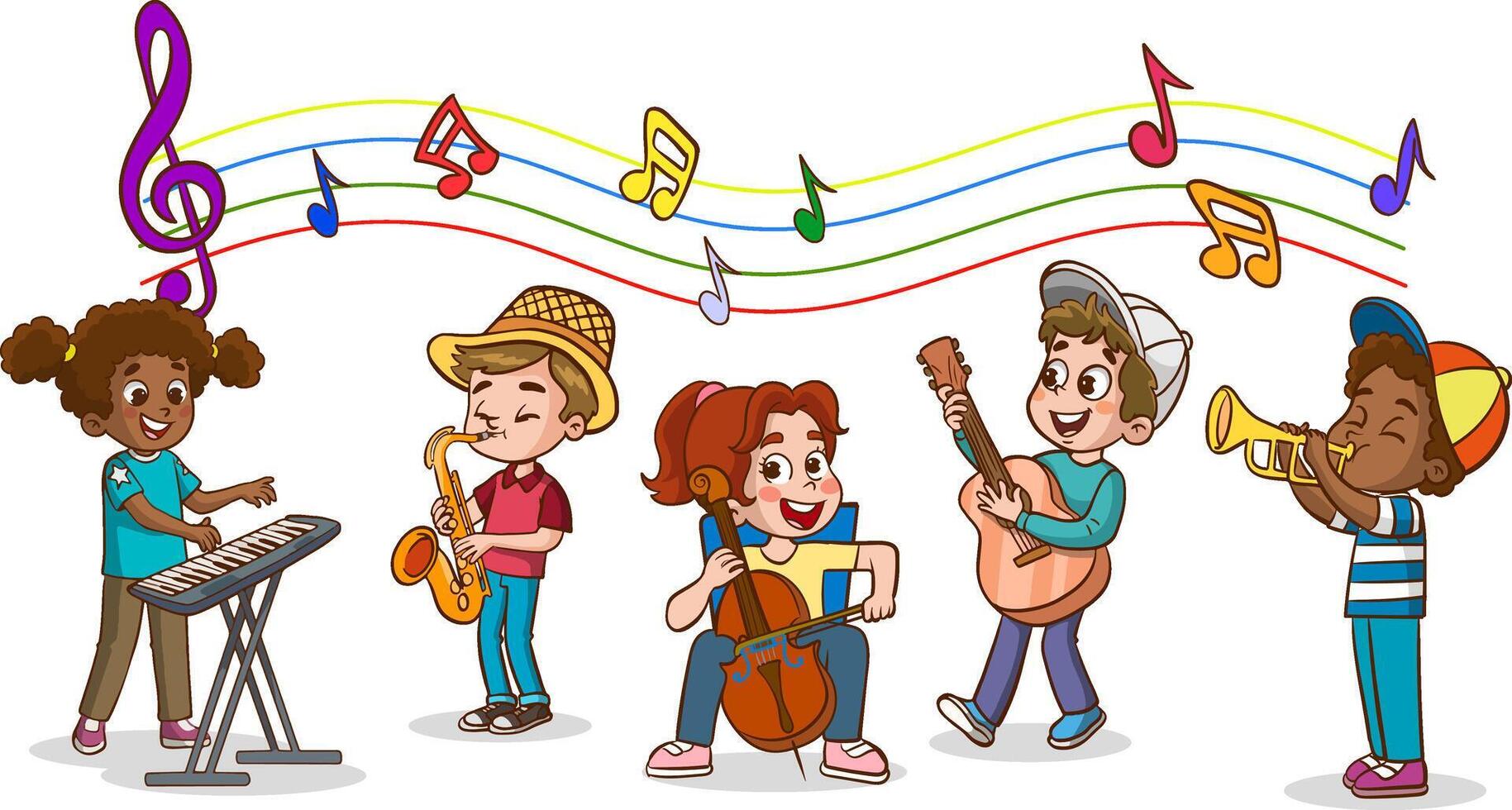 School Orchestra Children Playing Various Musical Instruments. Kids Together in Classroom. Boy with Saxophone. Happy Young Performance. Cartoon Illustration vector