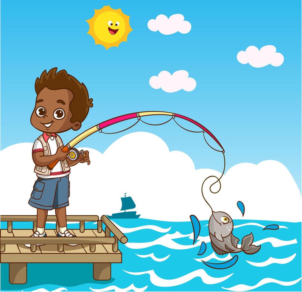 little kid catch fish with fishing rod and feel happy vector