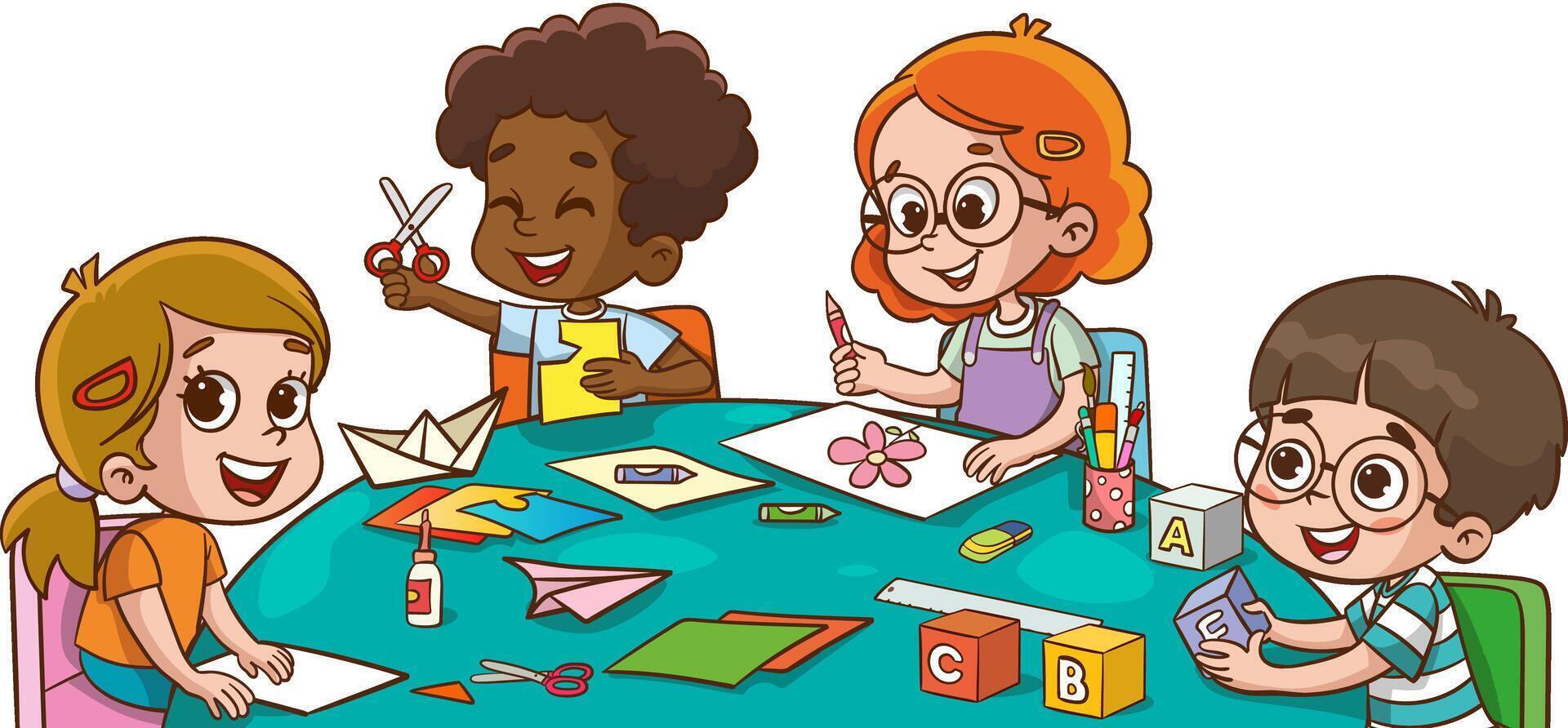 Preschool kids cuts and glues handmade crafts. Smart children use scissors for cutting colorful paper sheets. Education, creativity and art. Creative students with paper and scissors. Art lesson vector