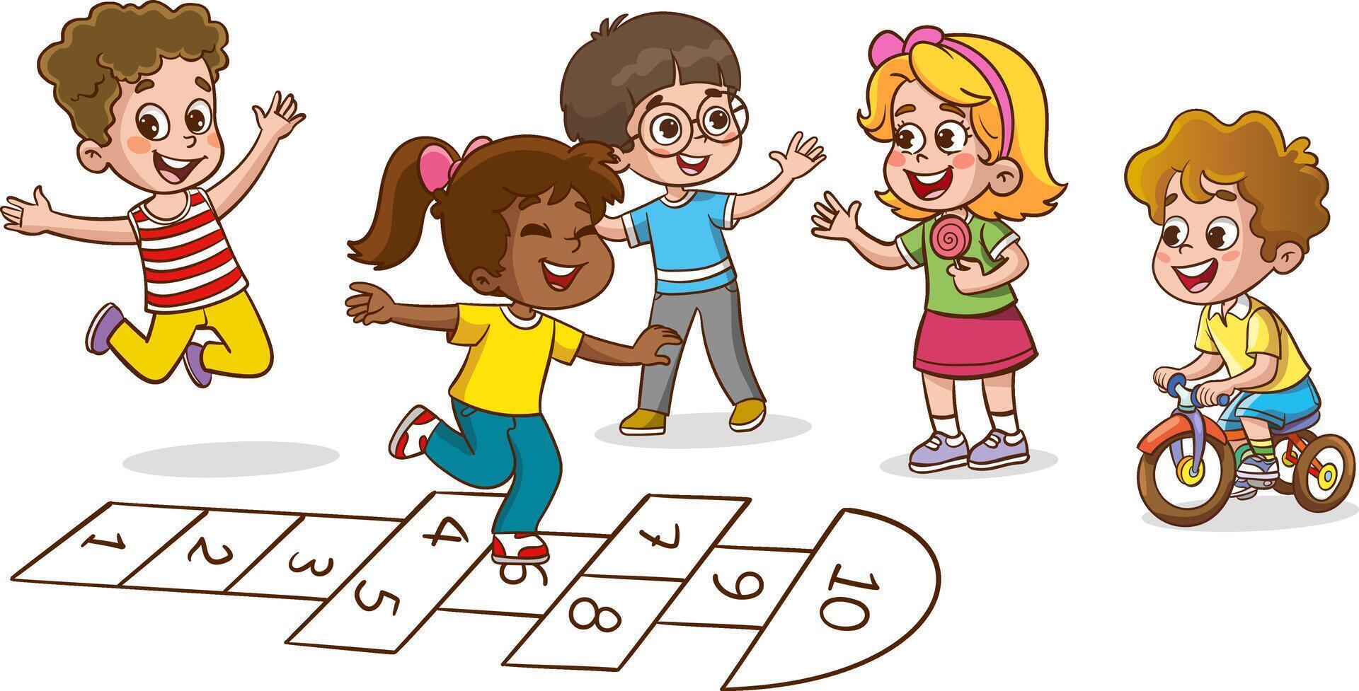 Children of various Ethnic Groups playing hopscotch happily together. vector
