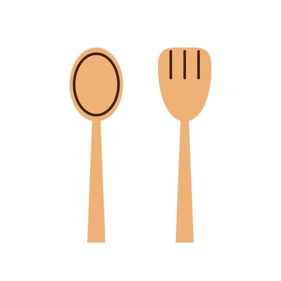 Spoon and fork on white background. Wood spoon and wood fork. vector