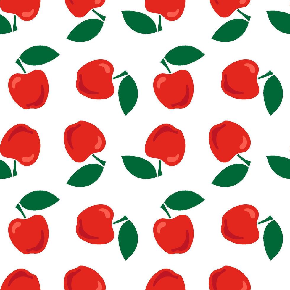 Seamless pattern with red ripe apples and leaves on a white background. . vector