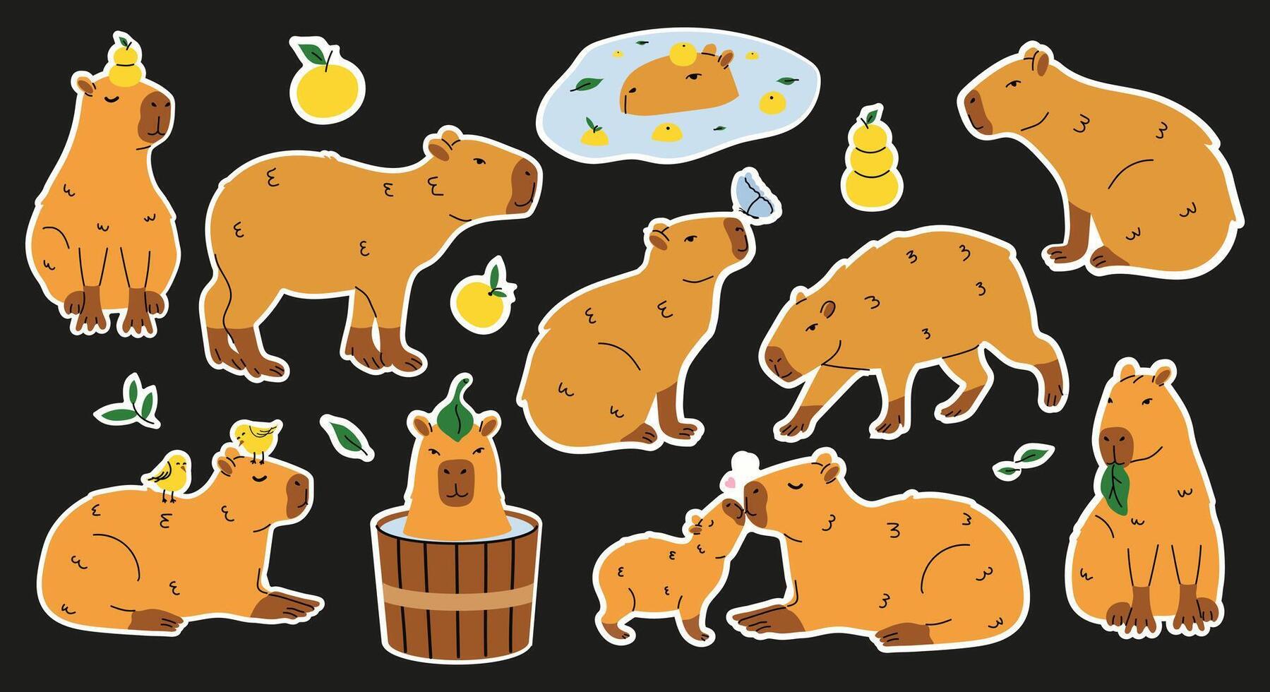 Capybara Stickers on Black Background Cute amusing characters swimming in water, bathing, walking, relaxing. vector