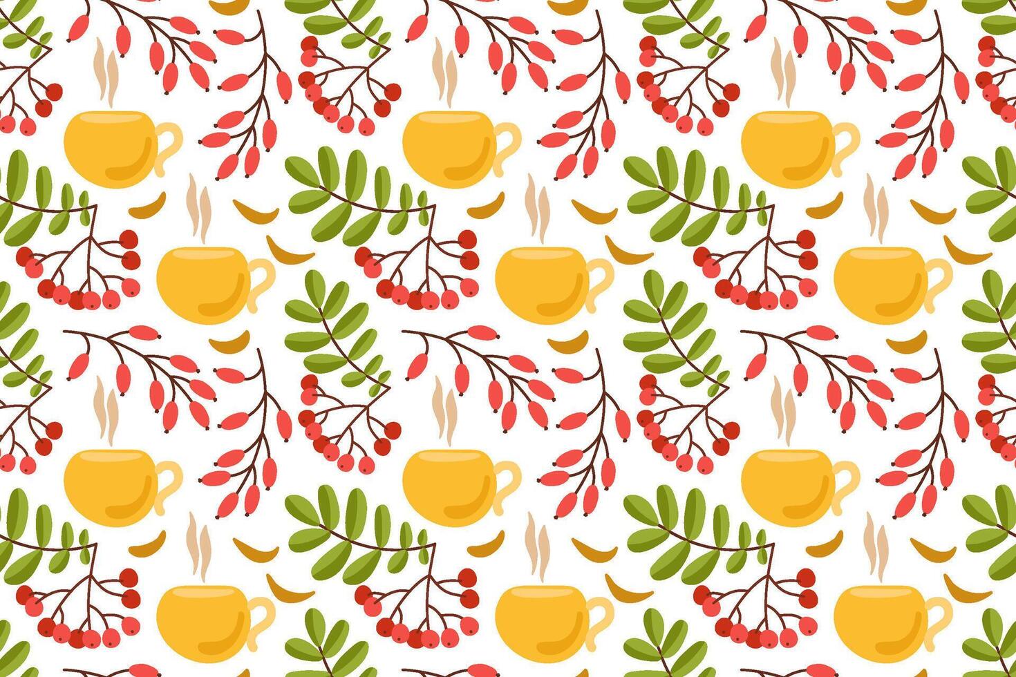 Autumn Tea Pattern With Berries and Leaves vector