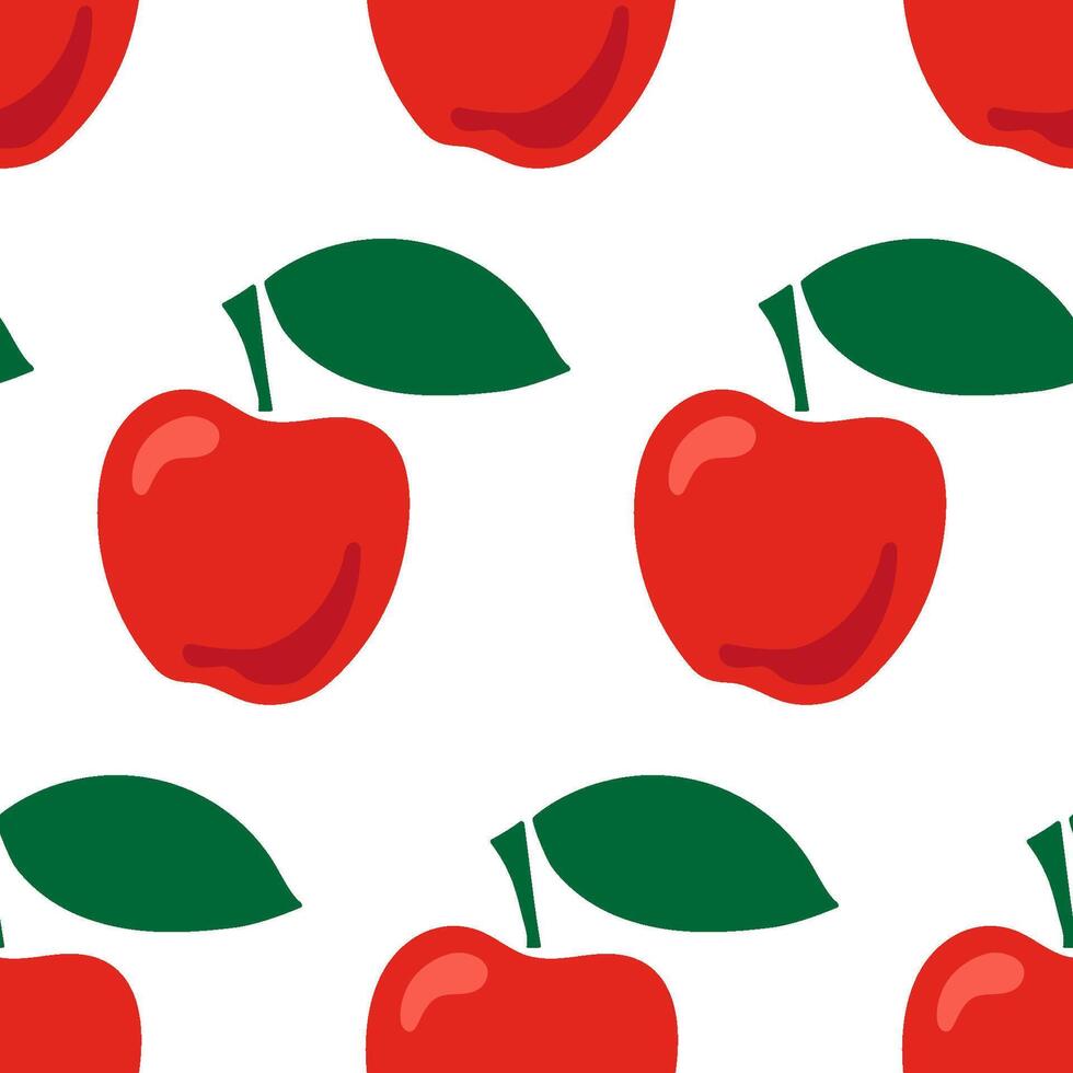Seamless pattern with red ripe apples and leaves on a white background. . vector