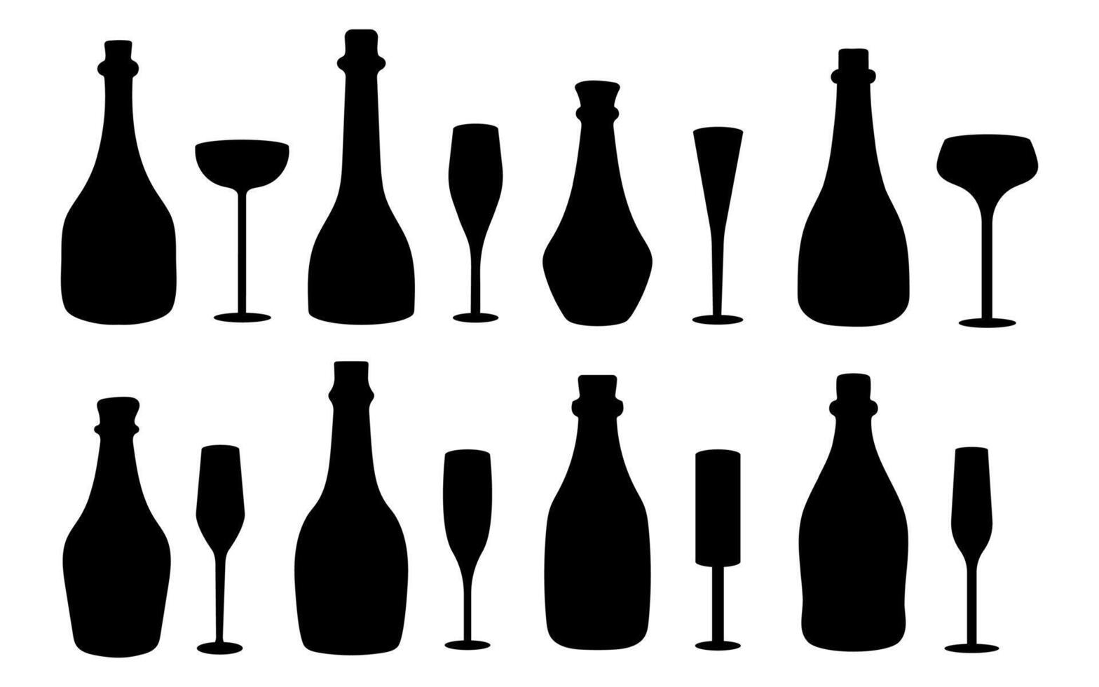 set wedding party Champagne Bottle and Glass Silhouettes vector