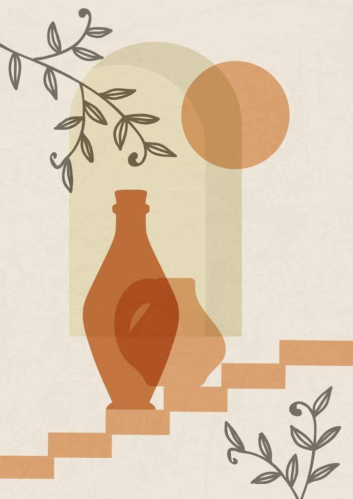 Pottery workshop drawing with vases and branches. Aesthetic 2d illustration with bottle and leaves vector