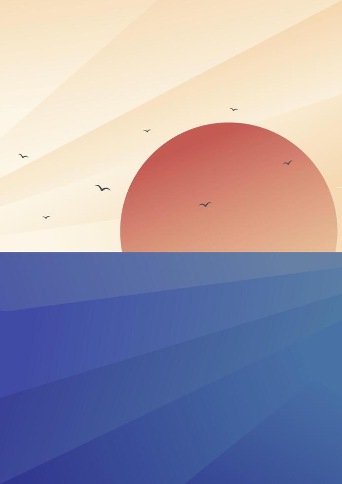 Gradient summer sea background illustration poster. Beautiful sunrise or sunset in ocean 2d art. vector