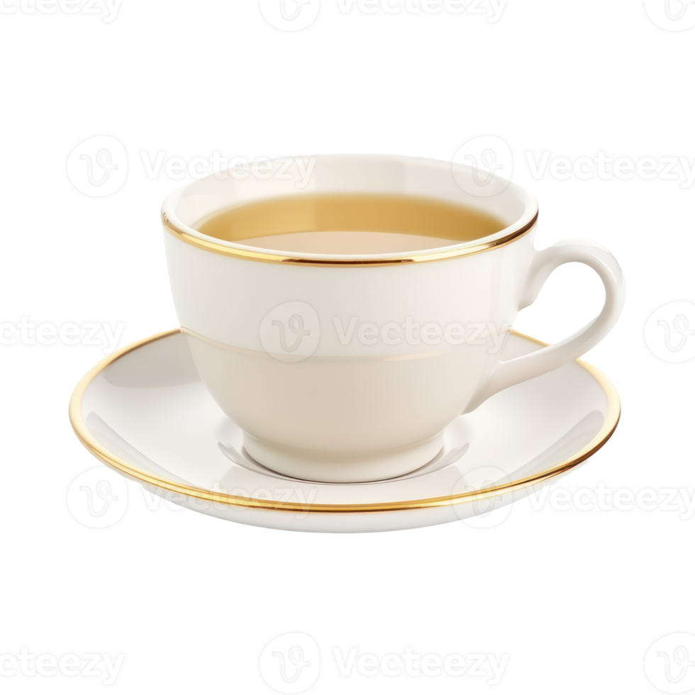 cup of tea on saucer with gold rim on transparent background png
