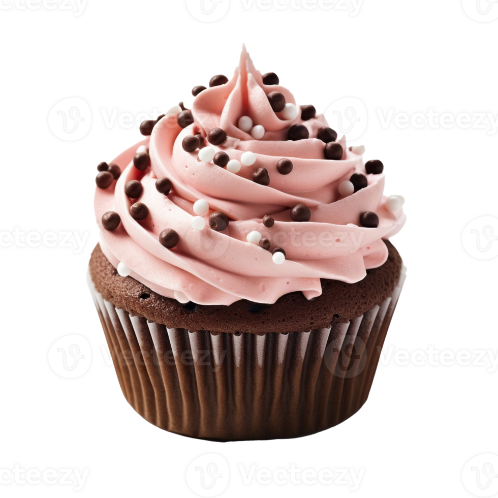 a cupcake with pink frosting and chocolate chips png
