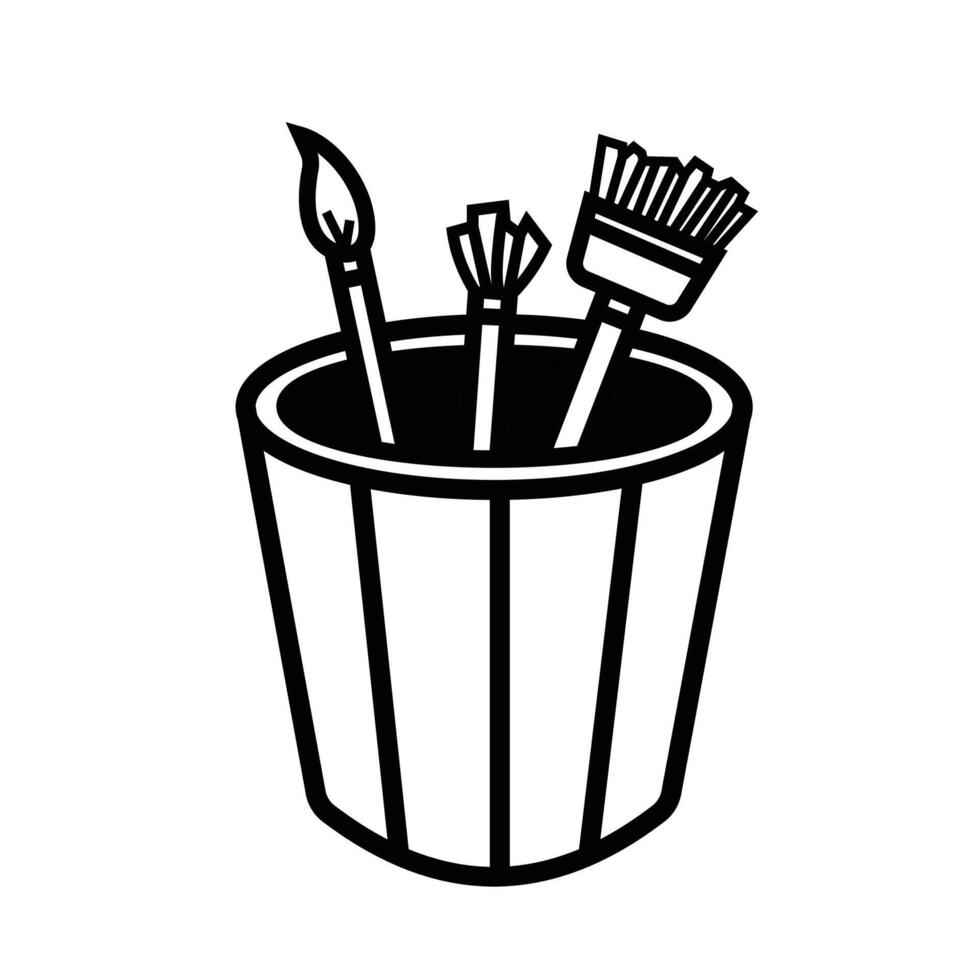 Three paint brushes in cup or glass container illustration with black outline isolated on square white background. Simple flat art tools object with cartoon art styled drawing. vector