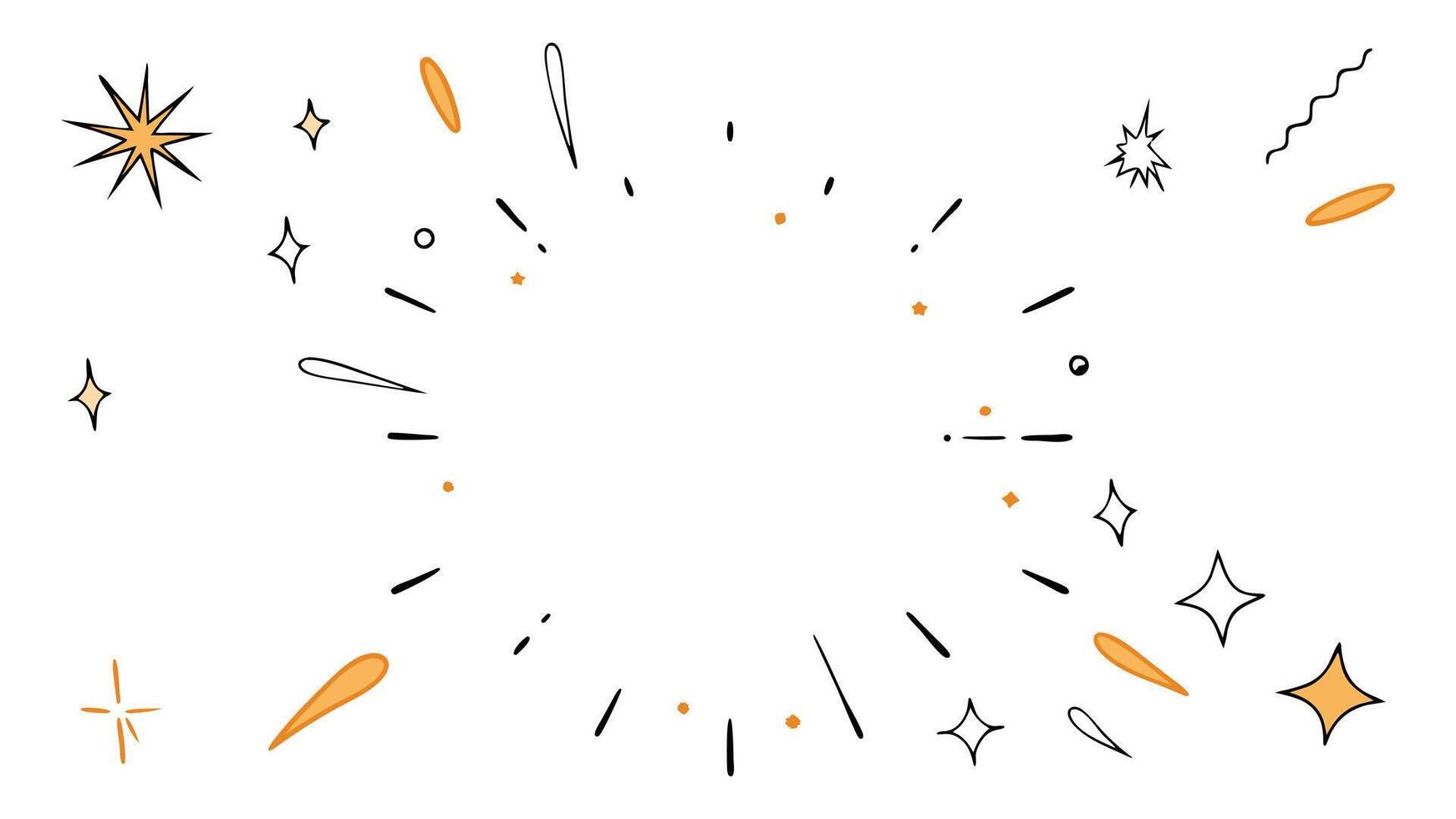 Doodle brush ornament lines and surprise symbol. Sun burst shocked frame shine starburst elements on white background. set. vector